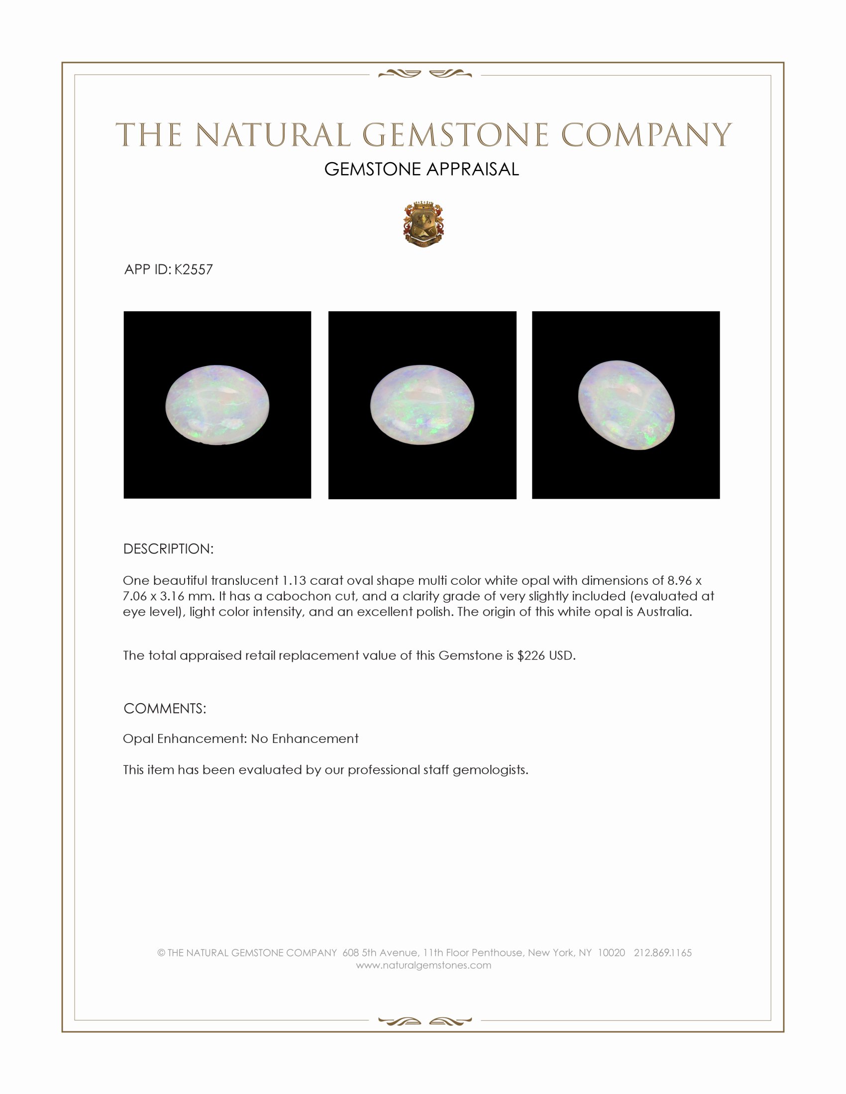 1.13 Ct. Cabochon White Opal from Australia