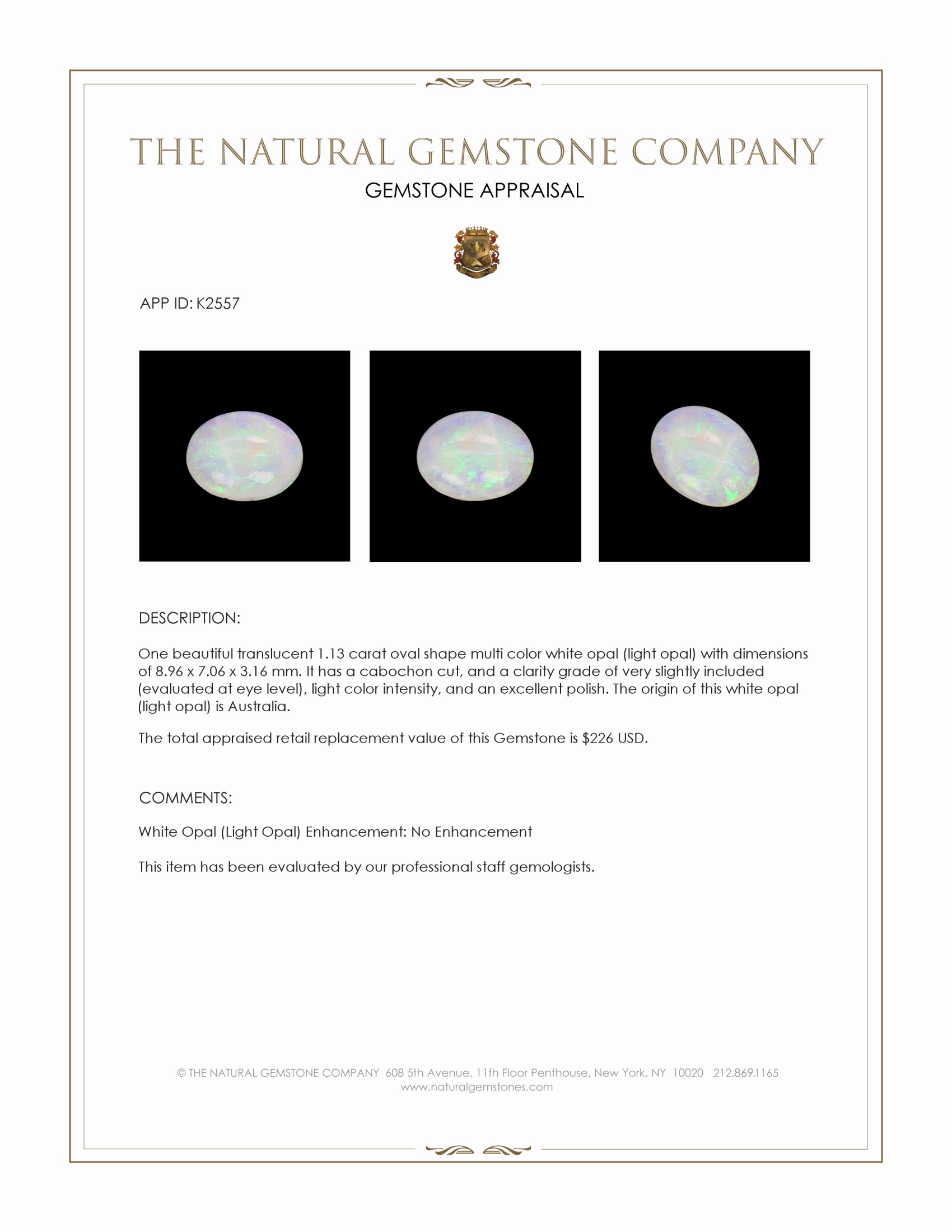 1.13 Ct. Multi Color Cabochon White Opal (Light Opal) from Australia