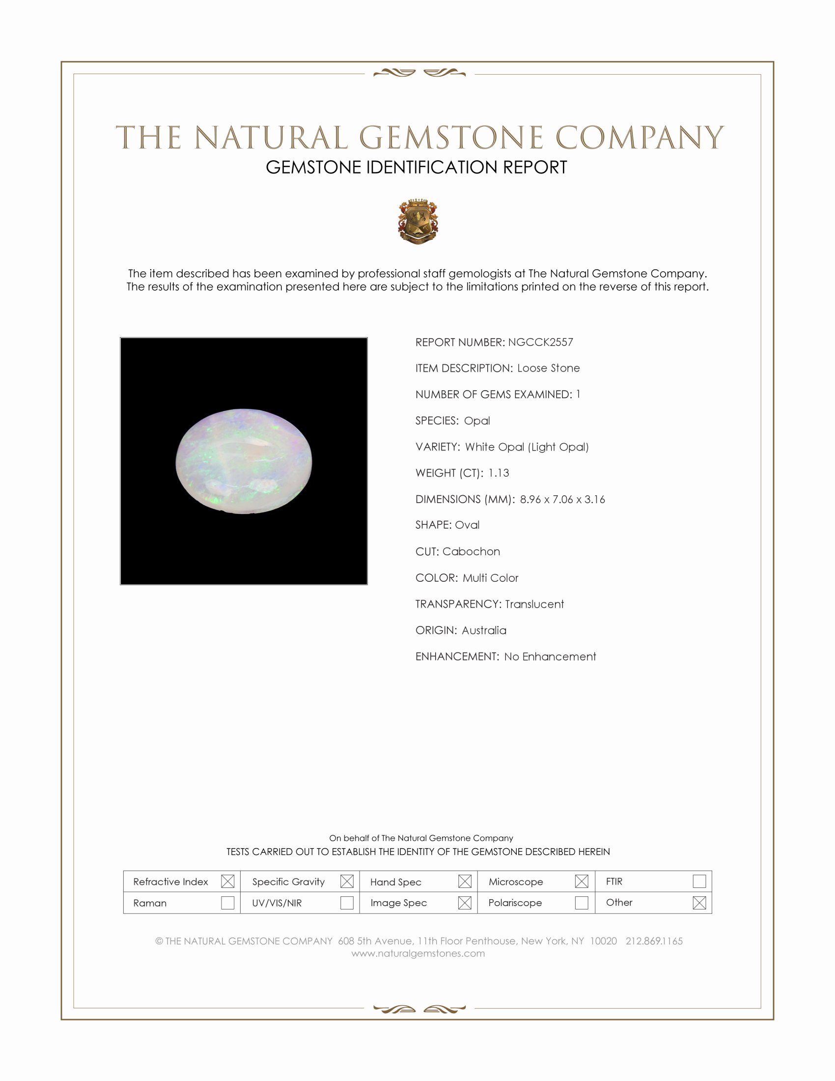 1.13 Ct. Multi Color Cabochon White Opal (Light Opal) from Australia