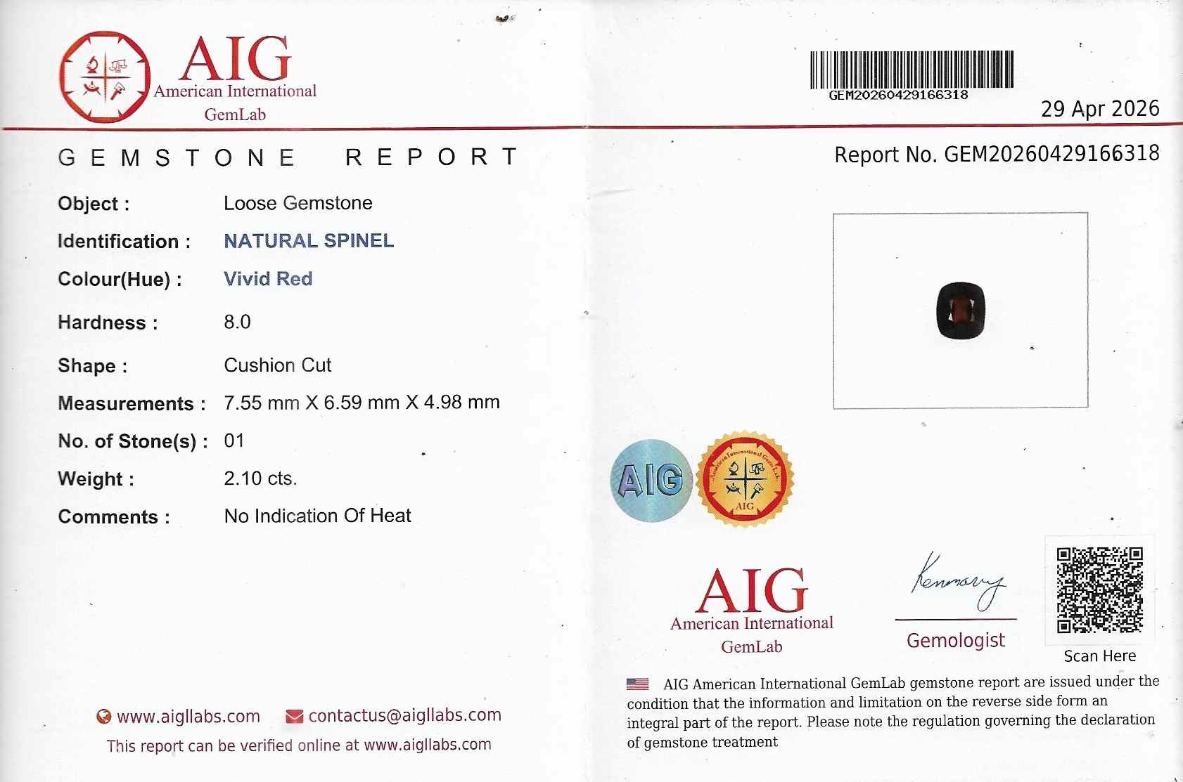 2.10 Ct. Red Spinel from Burma (Myanmar)