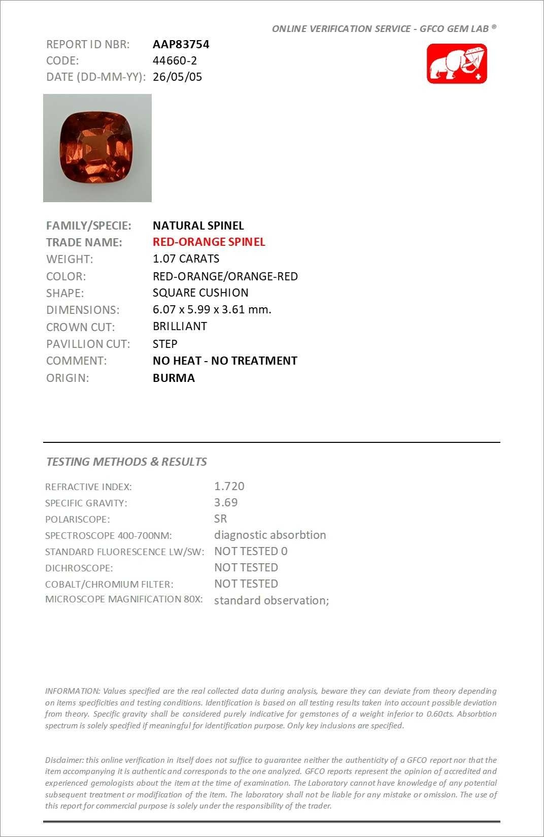 1.07 Ct. Orangish Red Spinel from Burma (Myanmar)