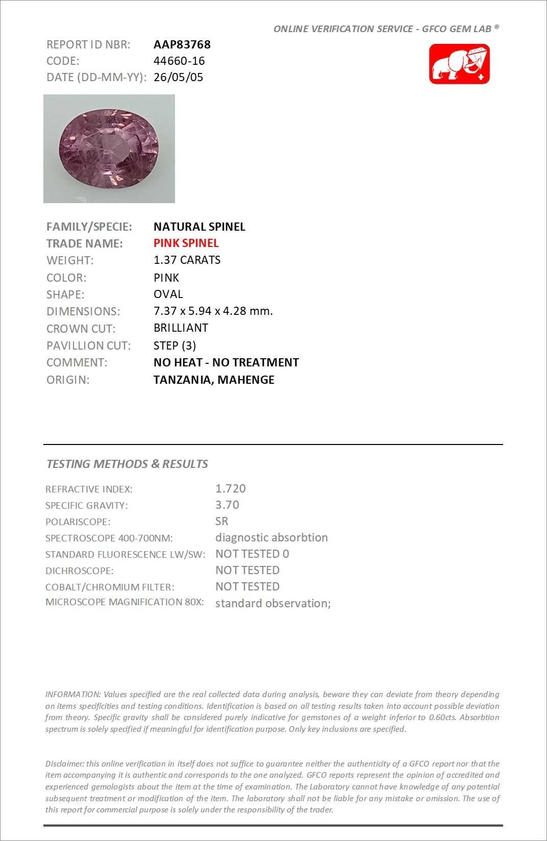 1.37 Ct. Pink Spinel from Tanzania