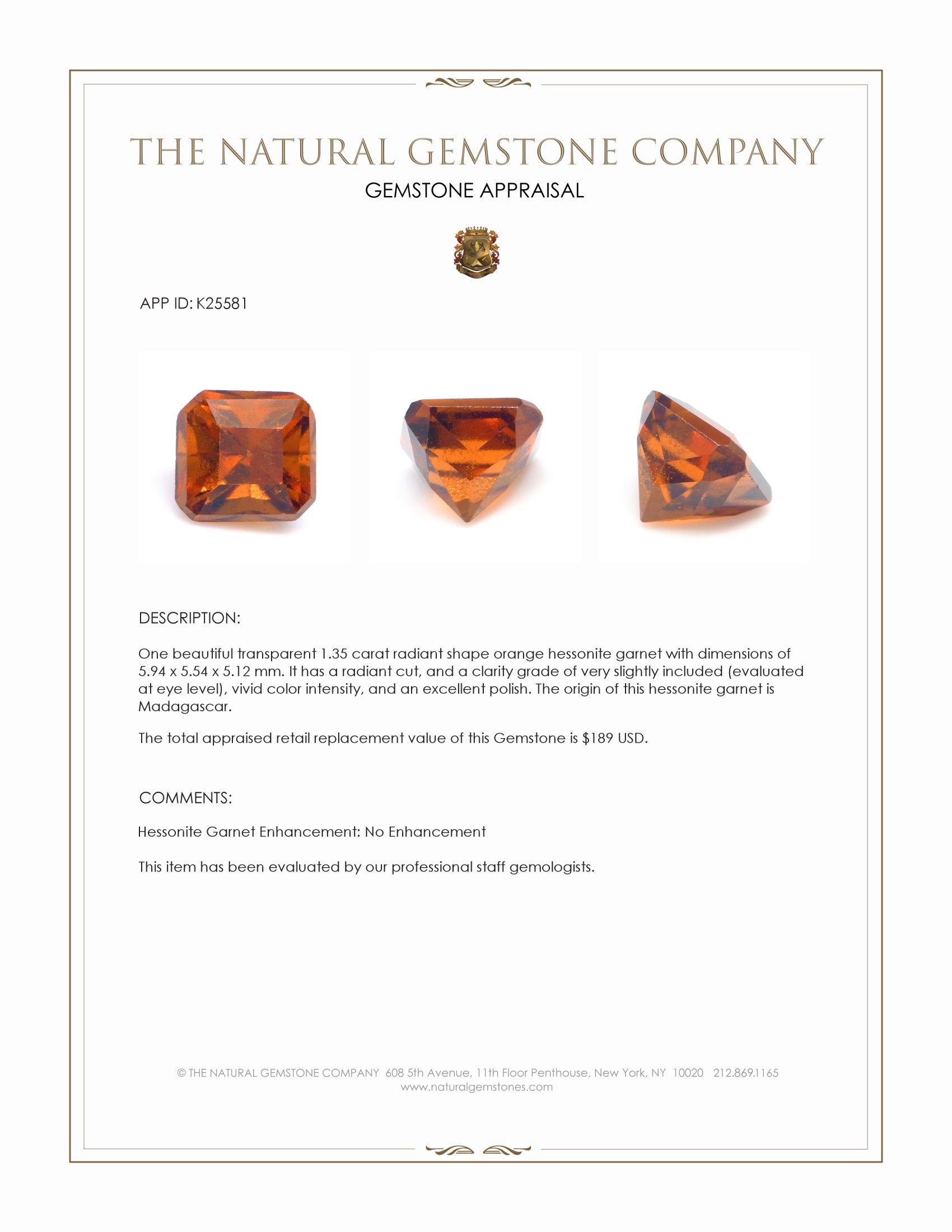 1.35 Ct. Orange Hessonite Garnet from Madagascar