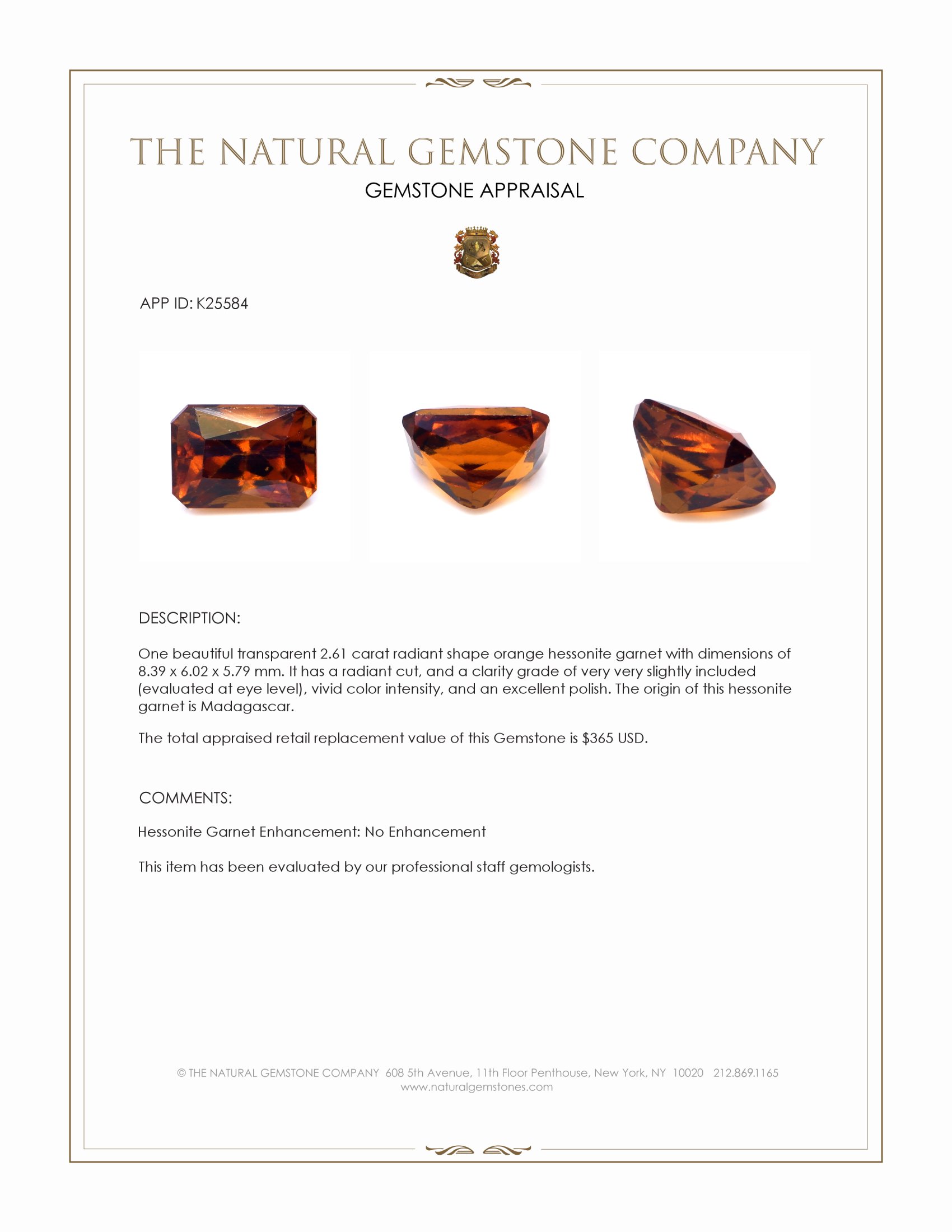 2.61 Ct. Orange Hessonite Garnet from Madagascar