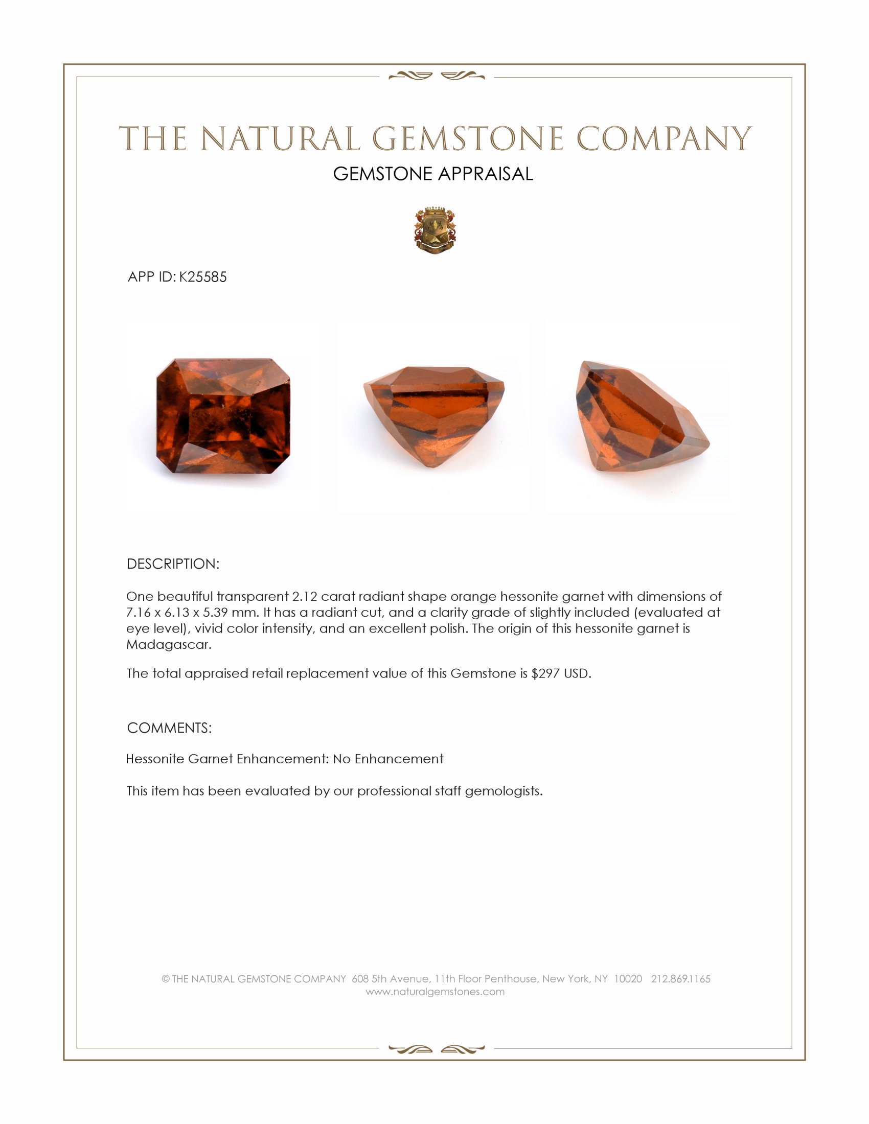 2.12 Ct. Orange Hessonite Garnet from Madagascar