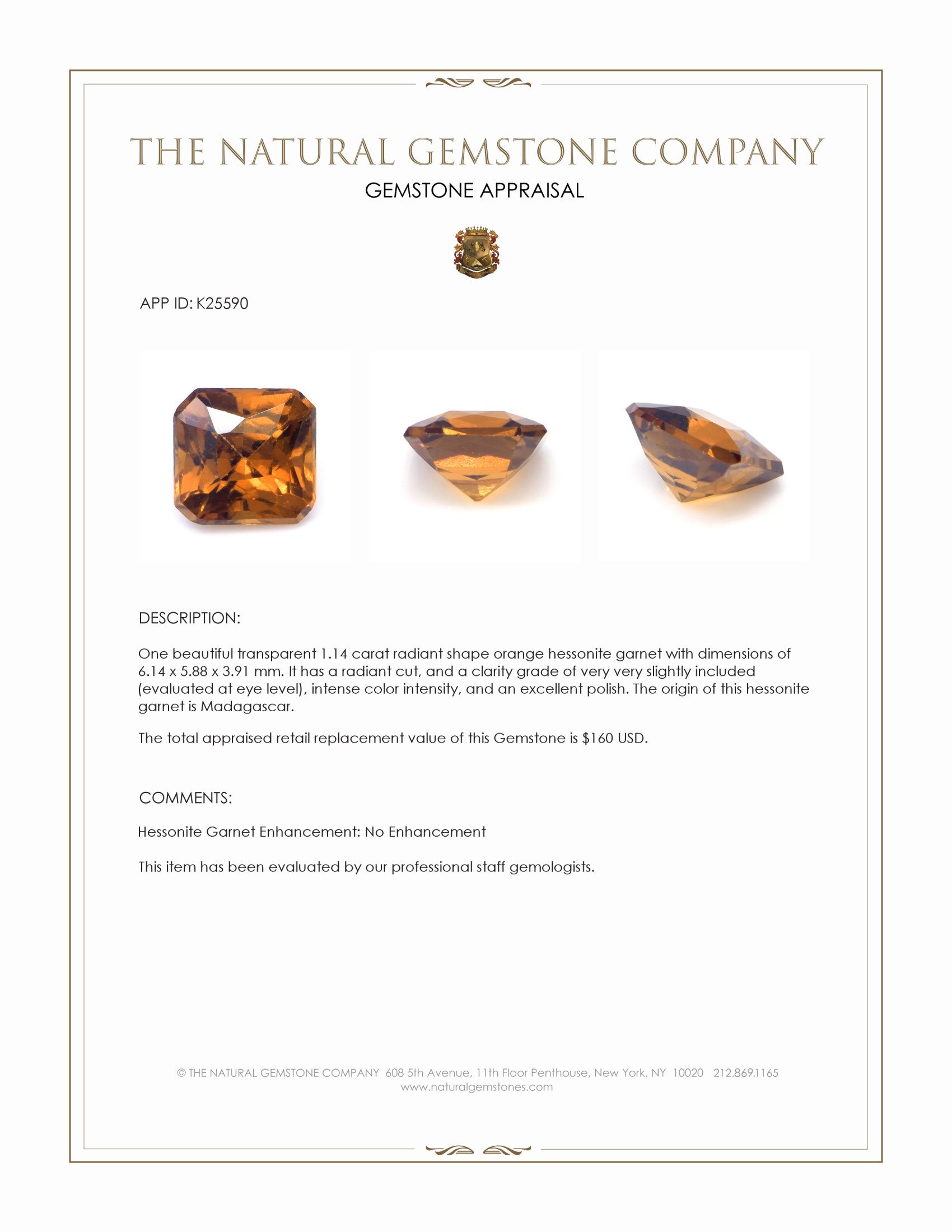 1.14 Ct. Orange Hessonite Garnet from Madagascar