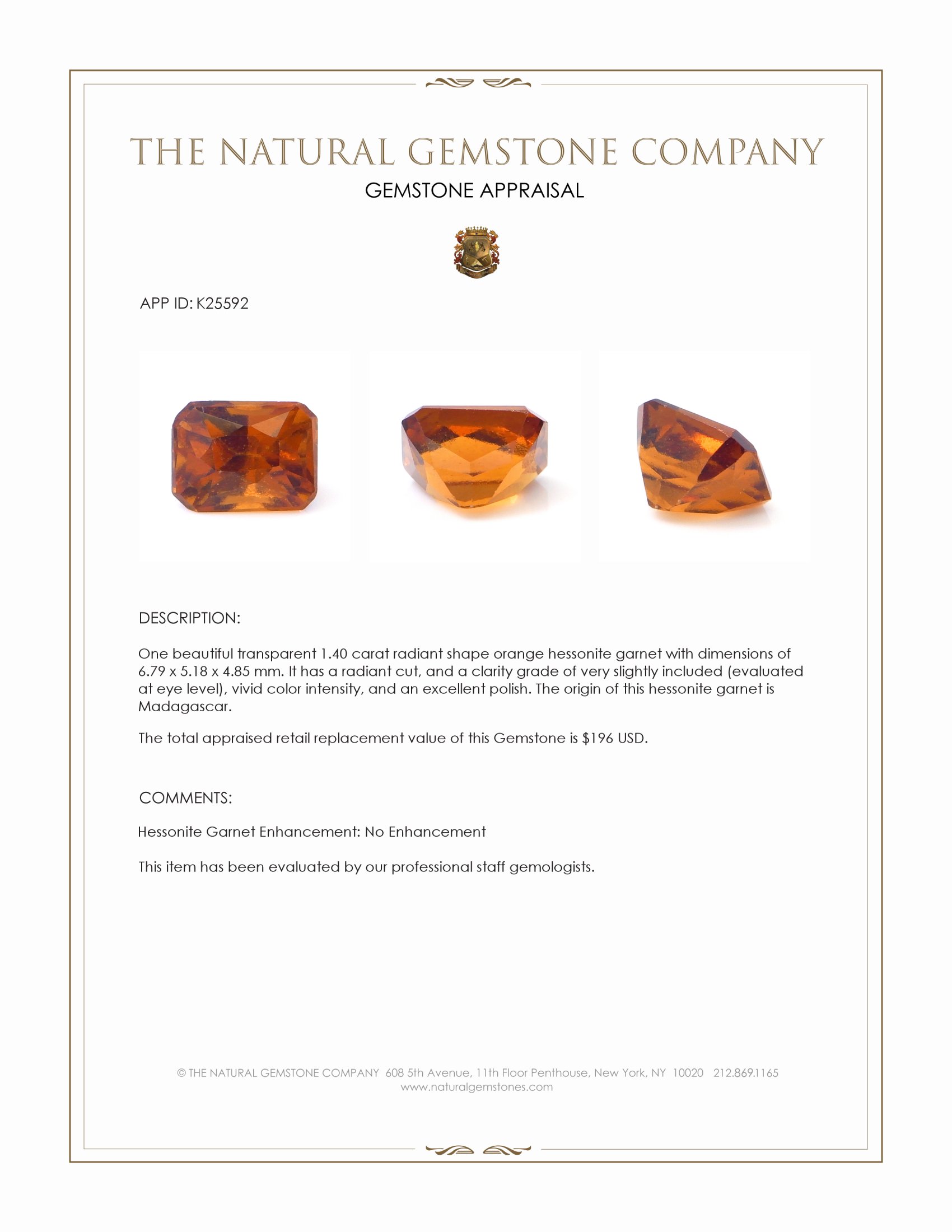 1.40 Ct. Orange Hessonite Garnet from Madagascar