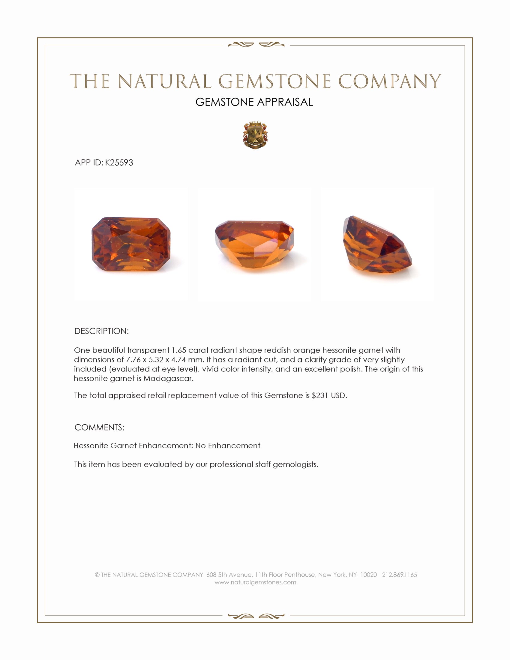 1.65 Ct. Reddish Orange Hessonite Garnet from Madagascar