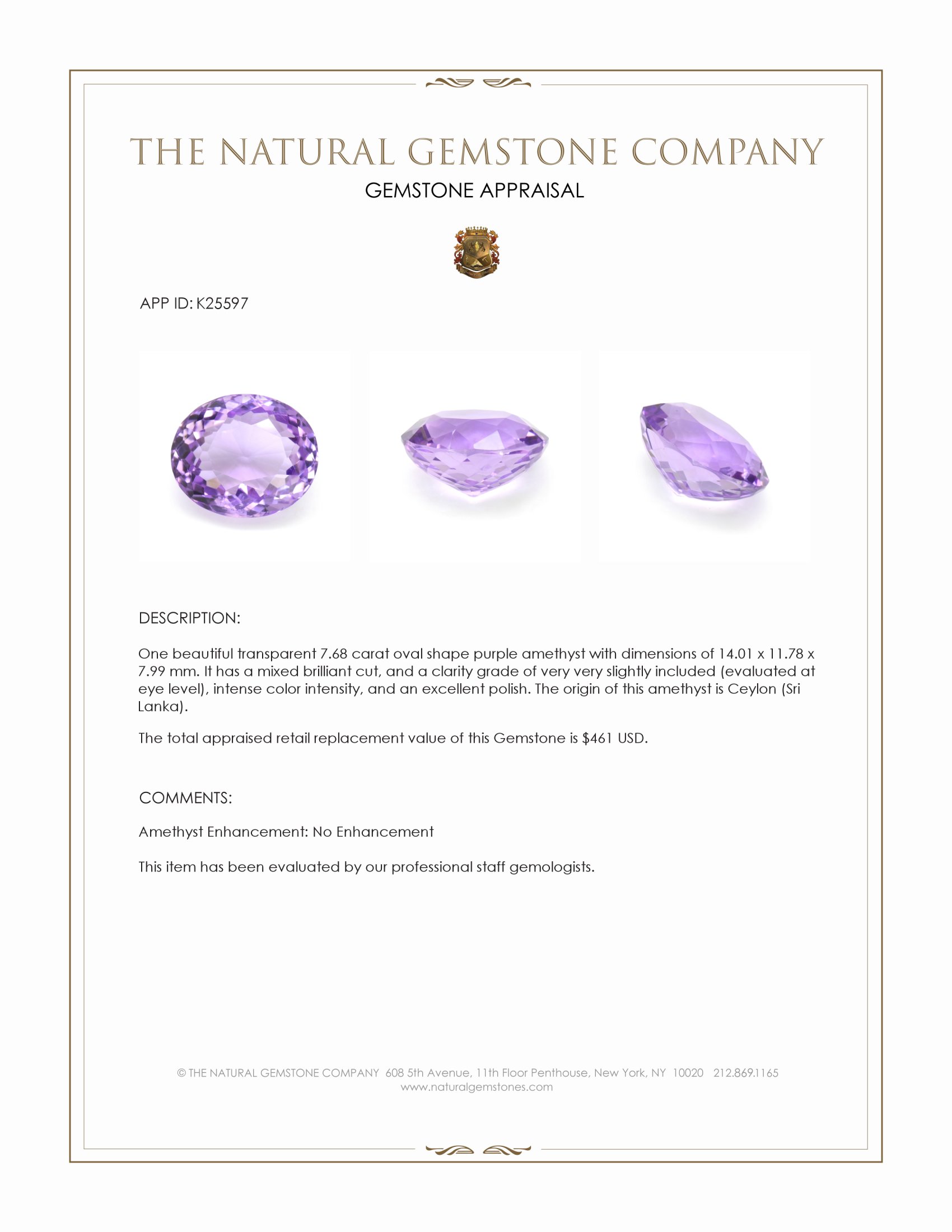 7.68 Ct. Purple Amethyst from Ceylon (Sri Lanka)