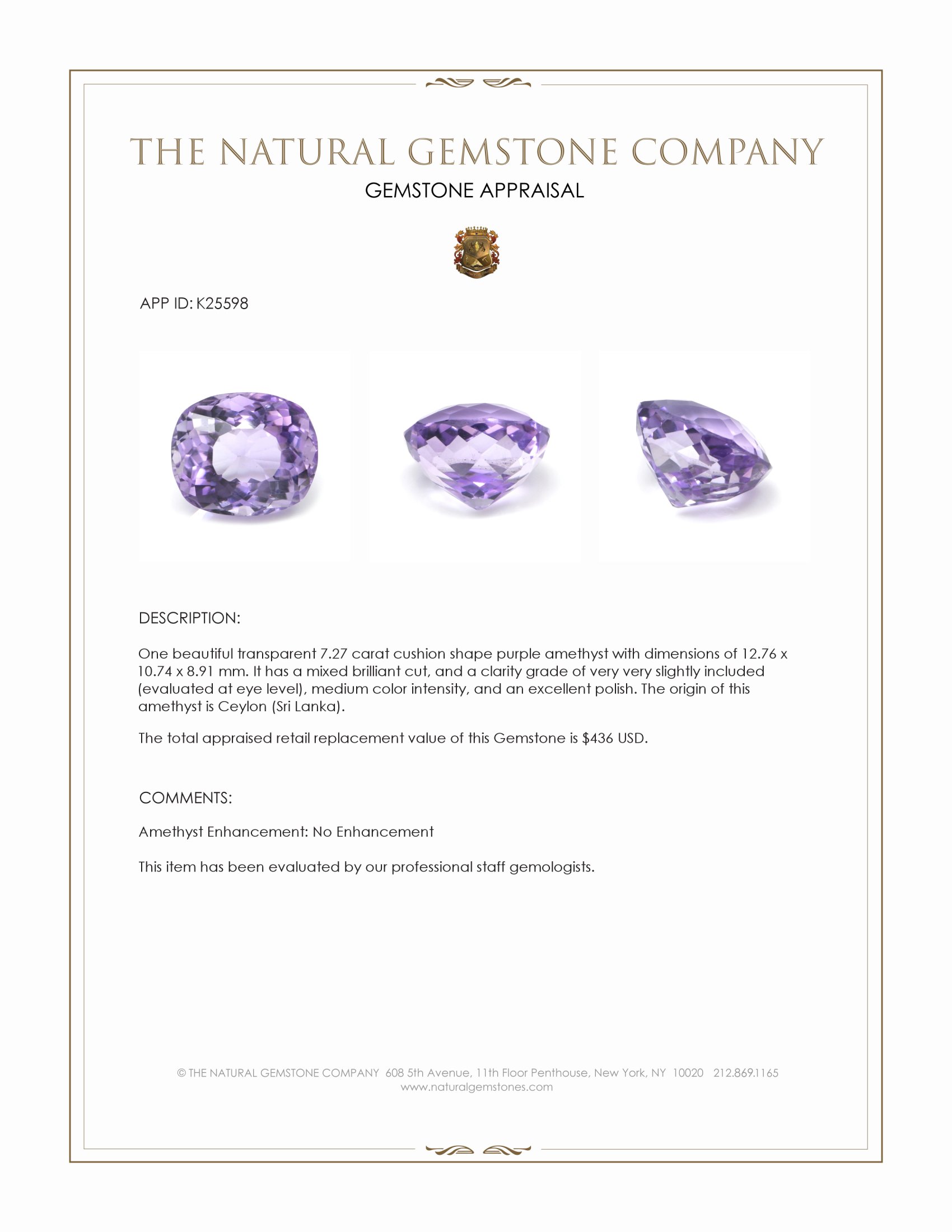 7.27 Ct. Purple Amethyst from Ceylon (Sri Lanka)