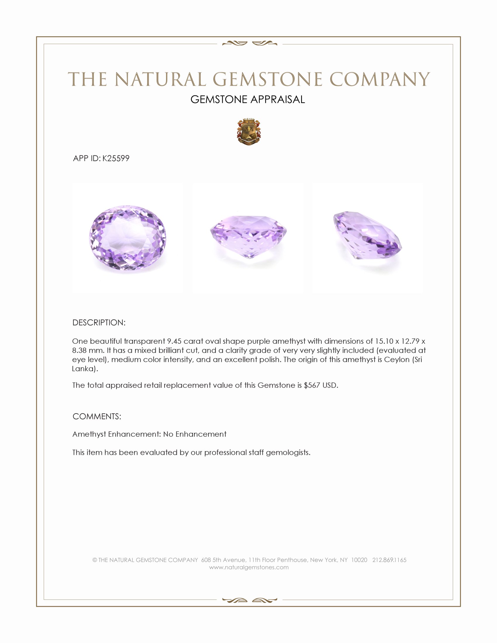 9.45 Ct. Purple Amethyst from Ceylon (Sri Lanka)