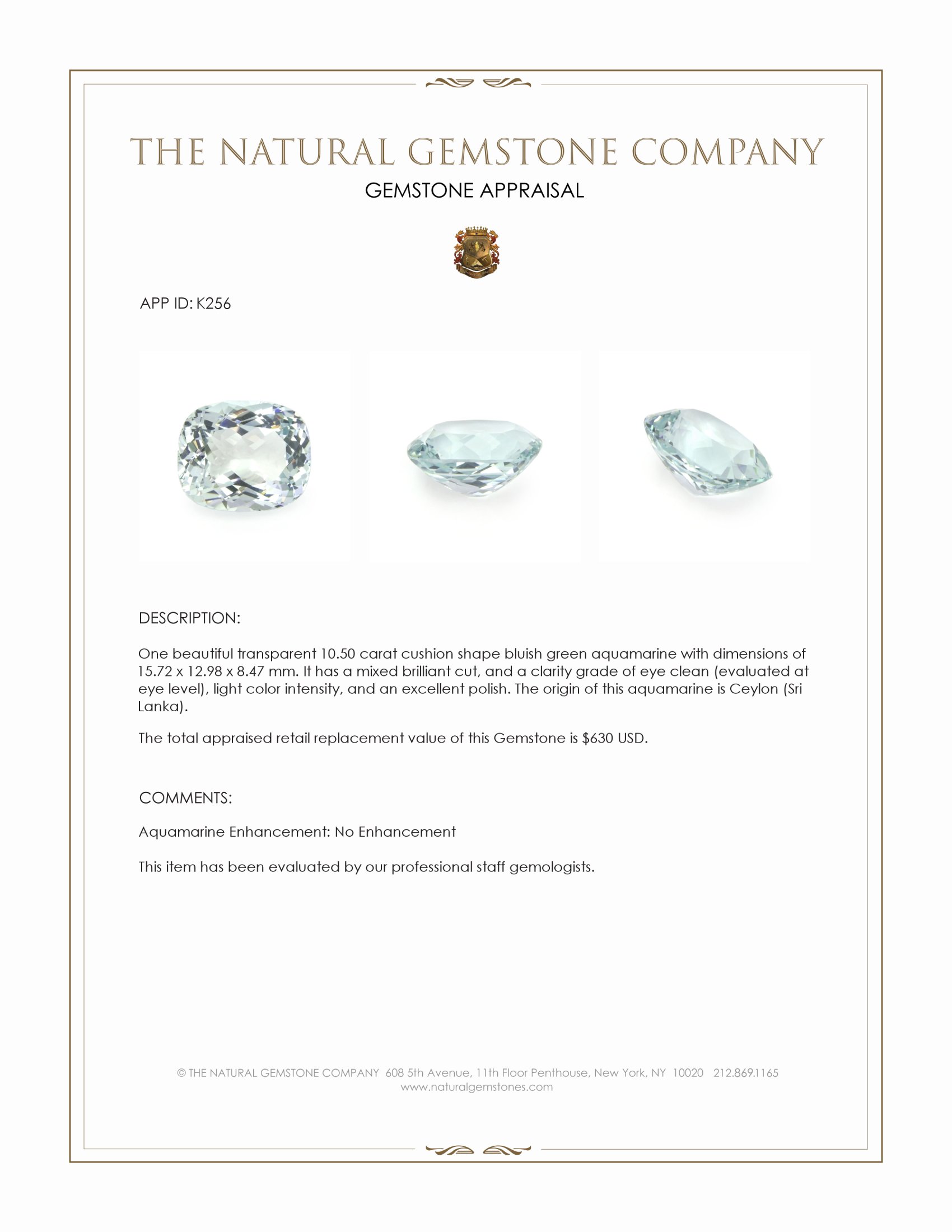 10.50 Ct. Greenish Blue Aquamarine from Ceylon (Sri Lanka)