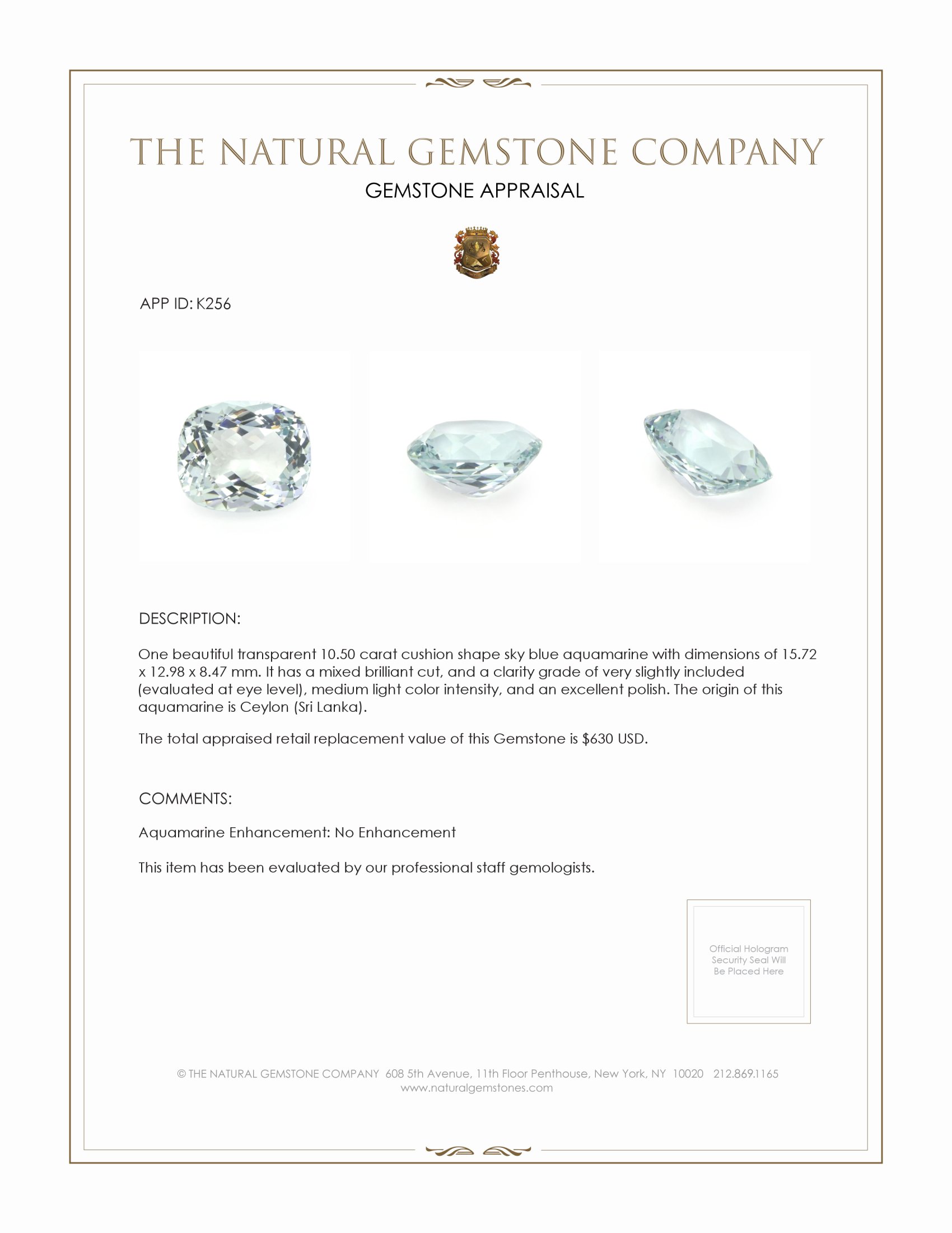 10.50 Ct. Aquamarine from Ceylon (Sri Lanka)