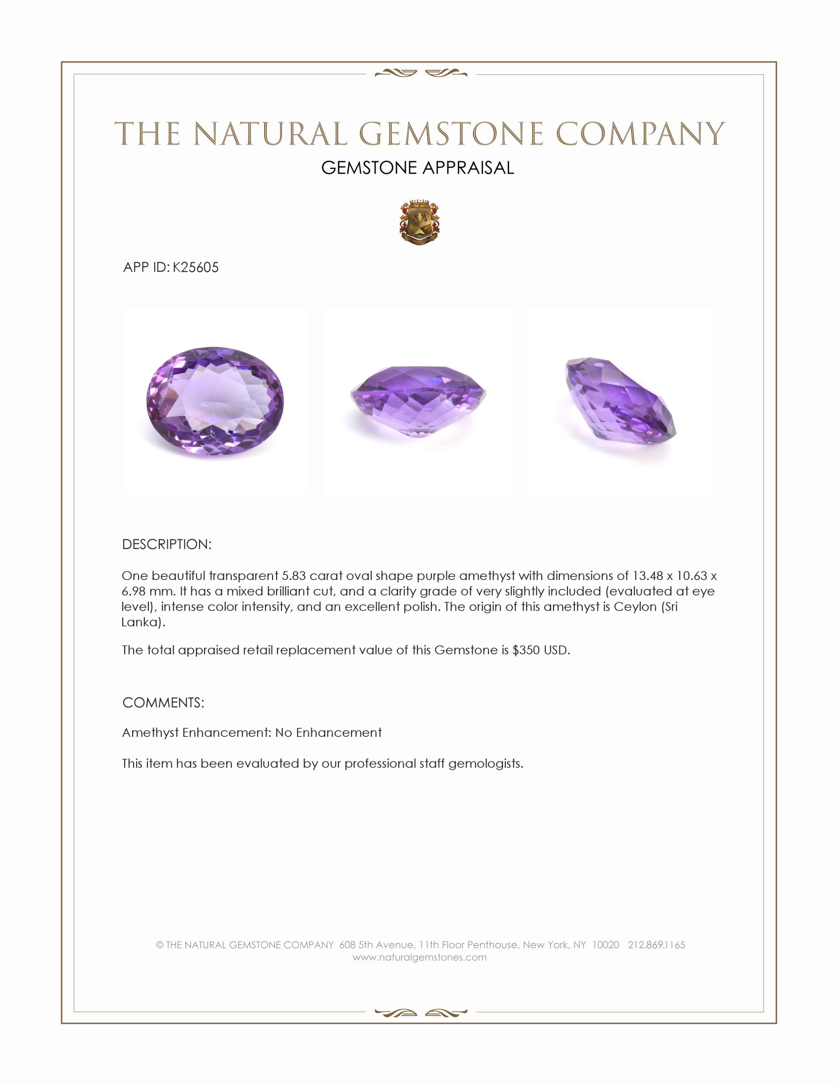 5.83 Ct. Purple Amethyst from Ceylon (Sri Lanka)