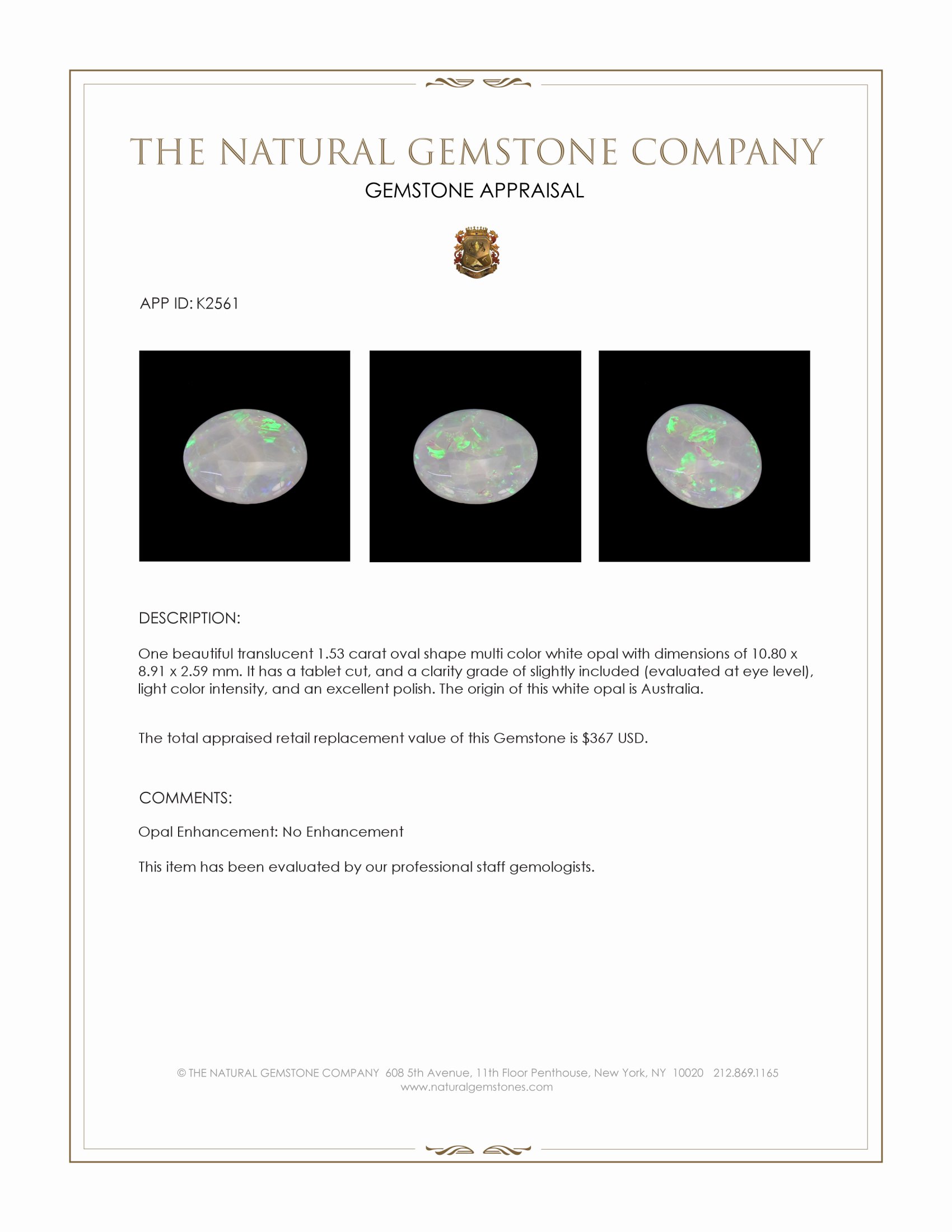 1.53 Ct. White Opal from Australia