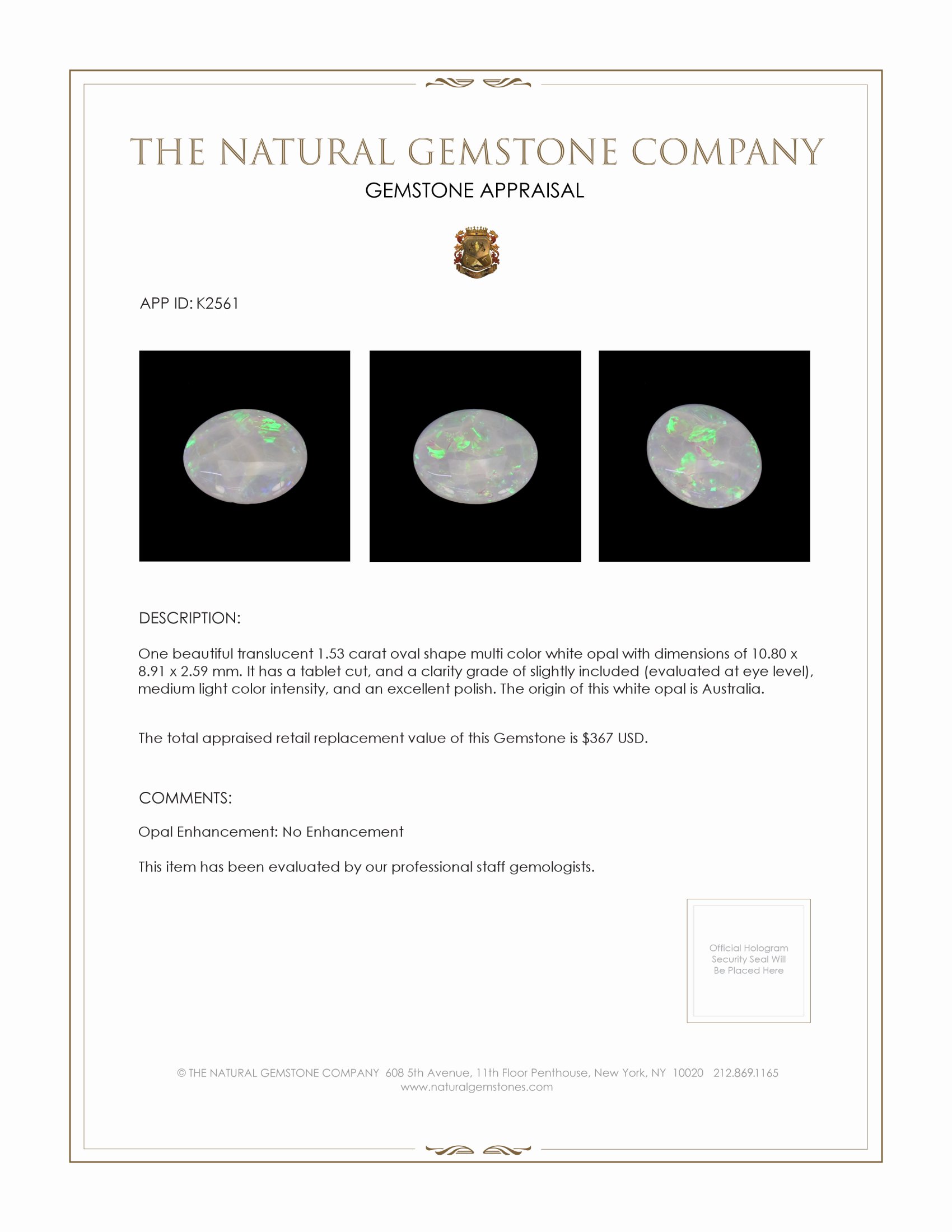 1.53 Ct. White Opal from Australia