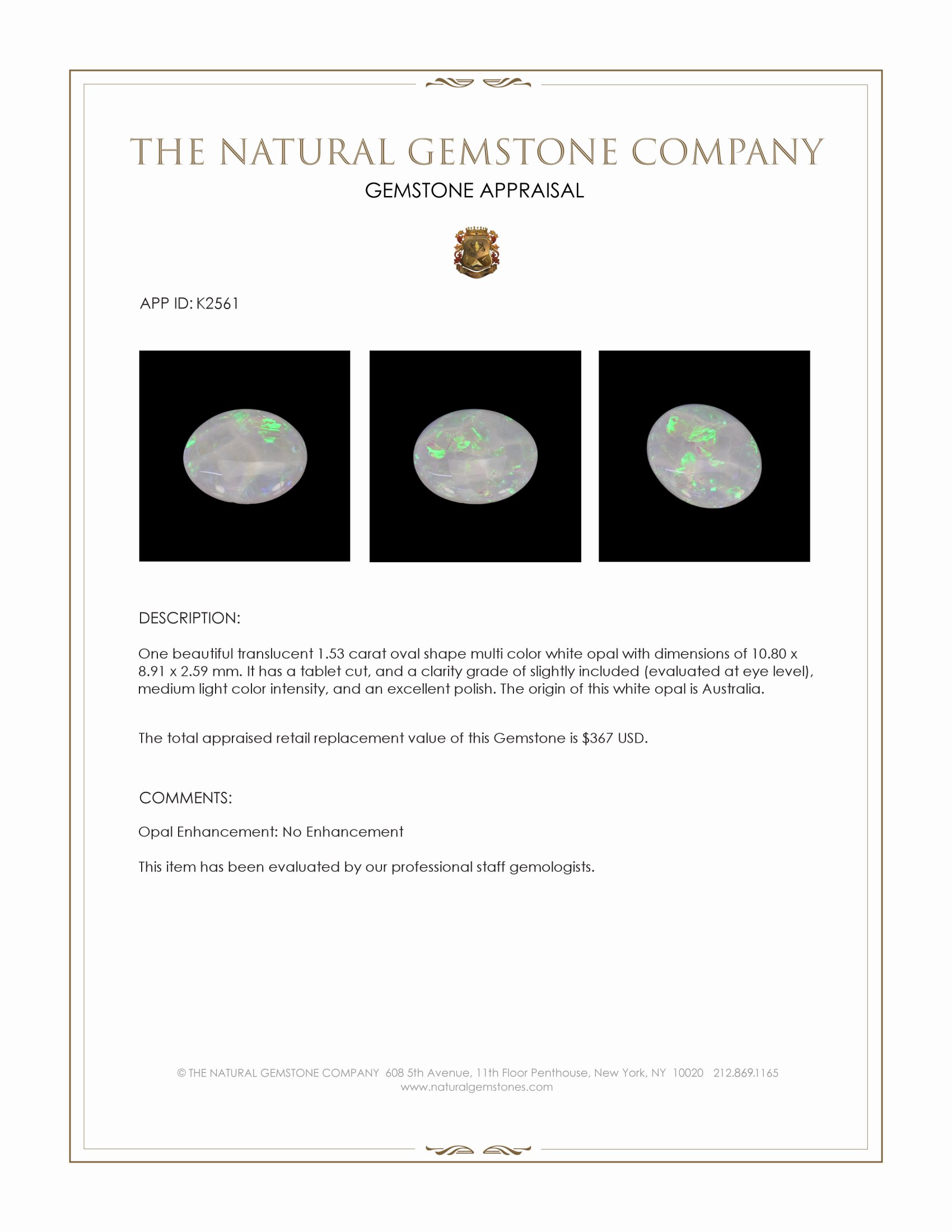 1.53 Ct. White Opal from Australia