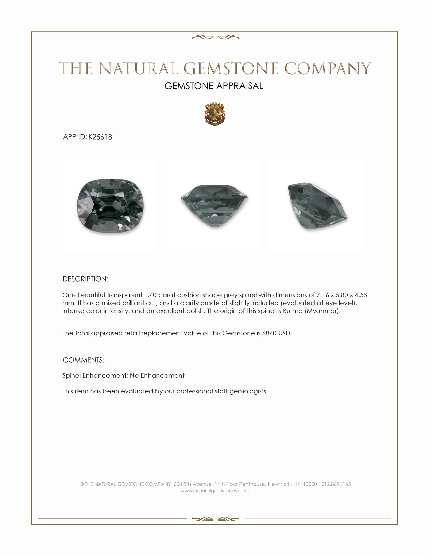 1.40 Ct. Grey Spinel from Burma (Myanmar)