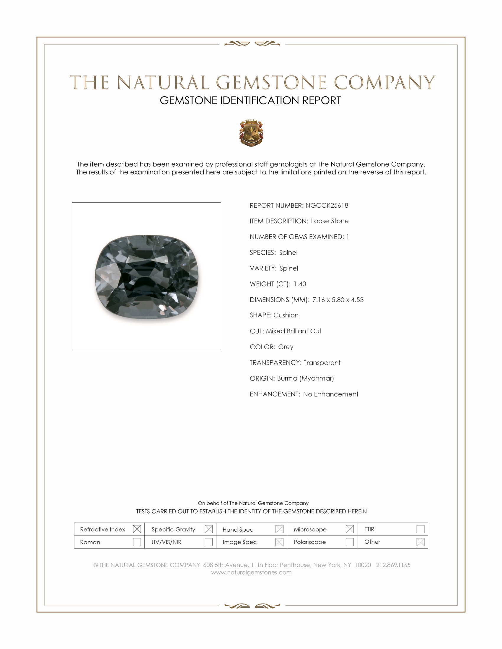 1.40 Ct. Grey Spinel from Burma (Myanmar)