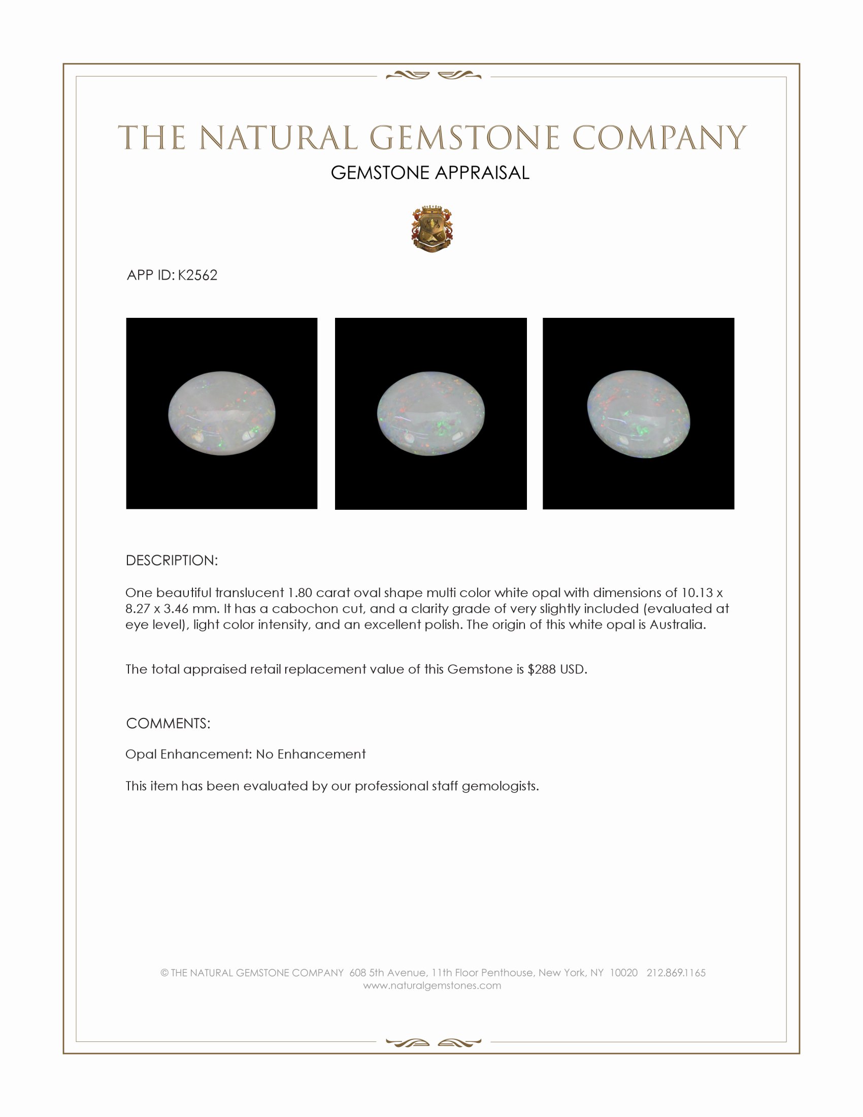 1.80 Ct. Cabochon White Opal from Australia