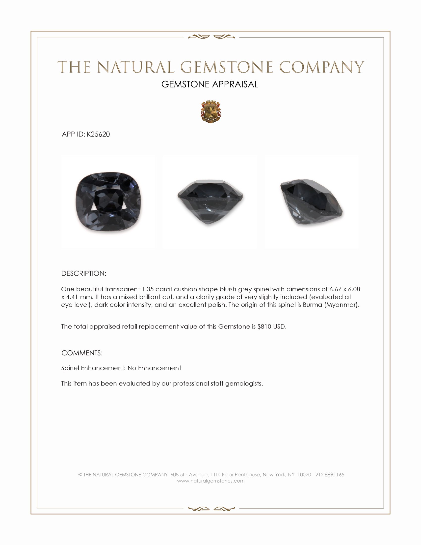 1.35 Ct. Bluish Grey Spinel from Burma (Myanmar)