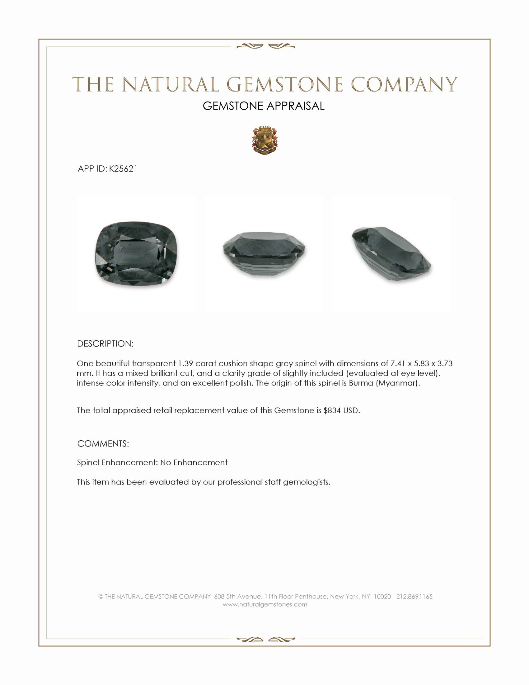 1.39 Ct. Grey Spinel from Burma (Myanmar)