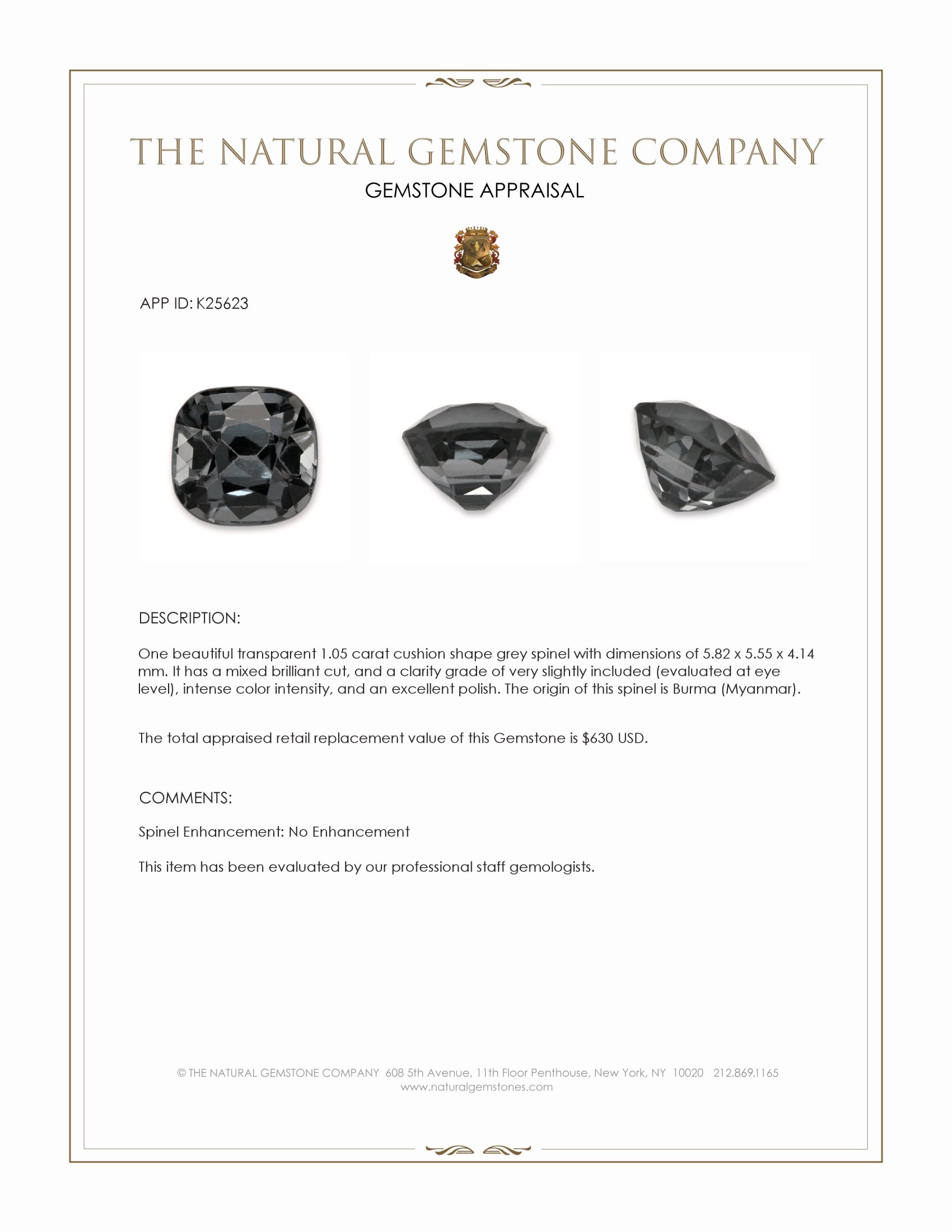 1.05 Ct. Grey Spinel from Burma (Myanmar)