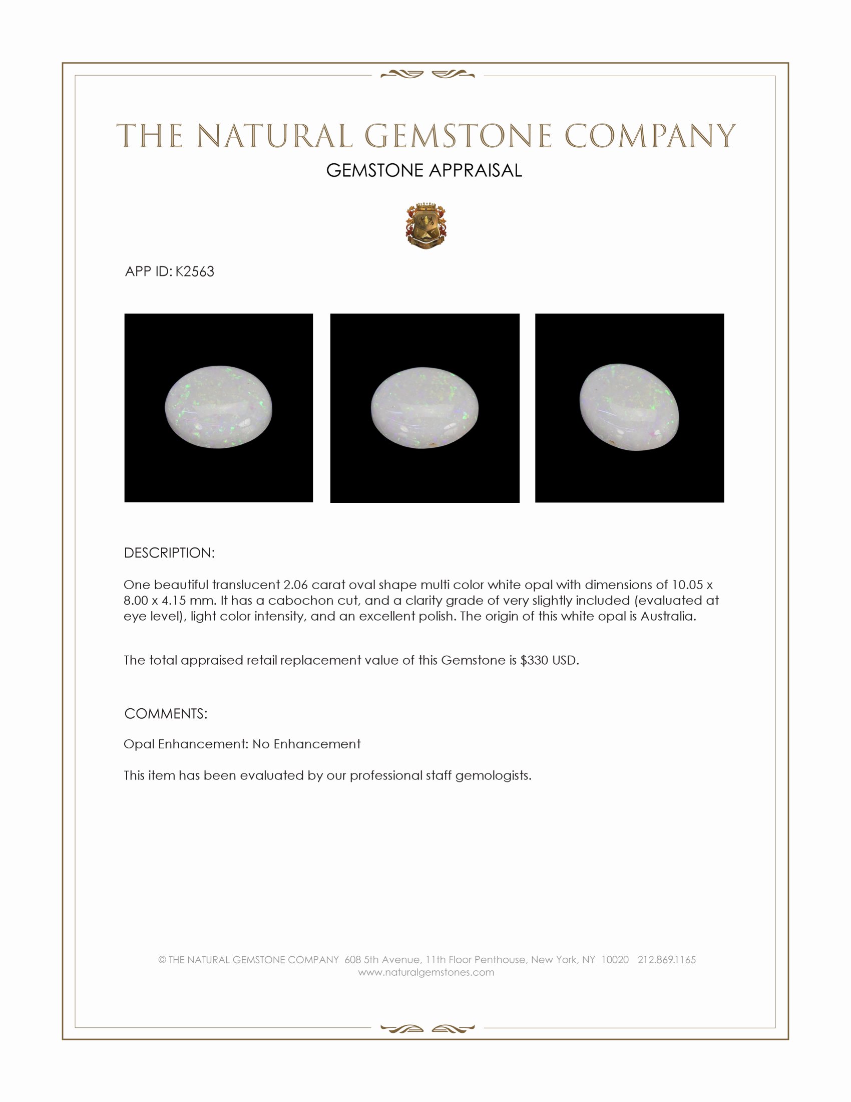 2.06 Ct. Cabochon White Opal from Australia