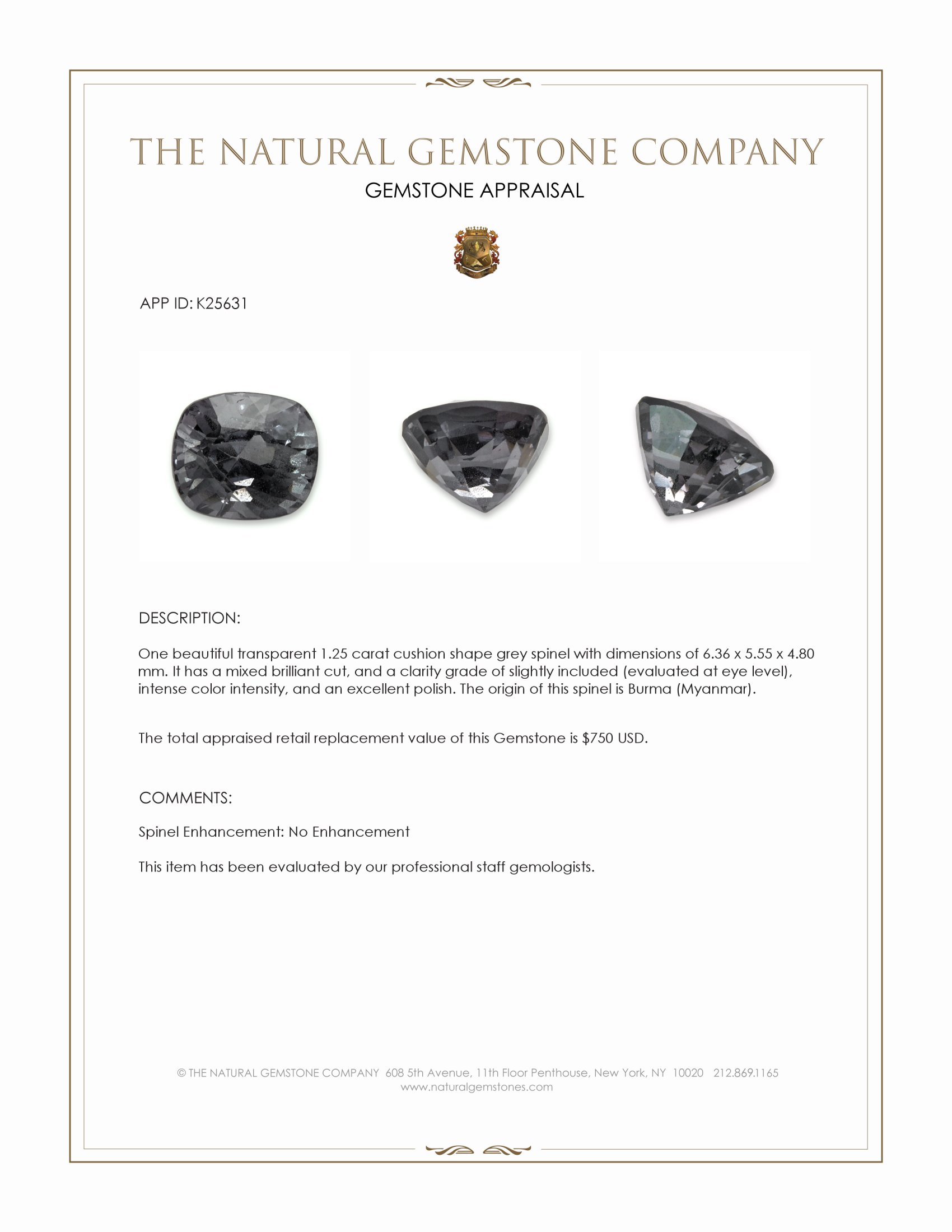 1.25 Ct. Grey Spinel from Burma (Myanmar)
