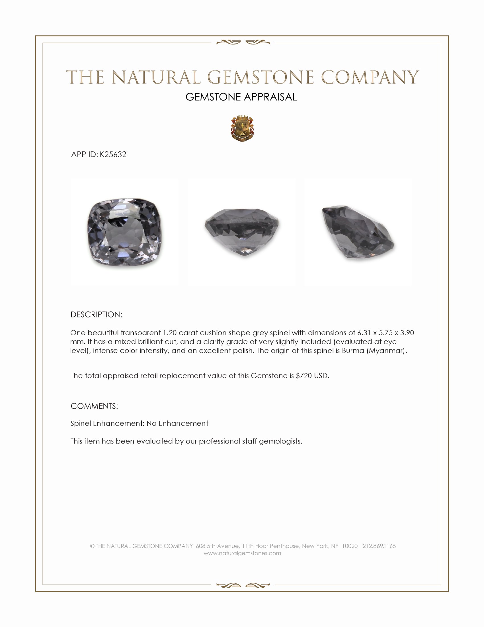 1.20 Ct. Grey Spinel from Burma (Myanmar)