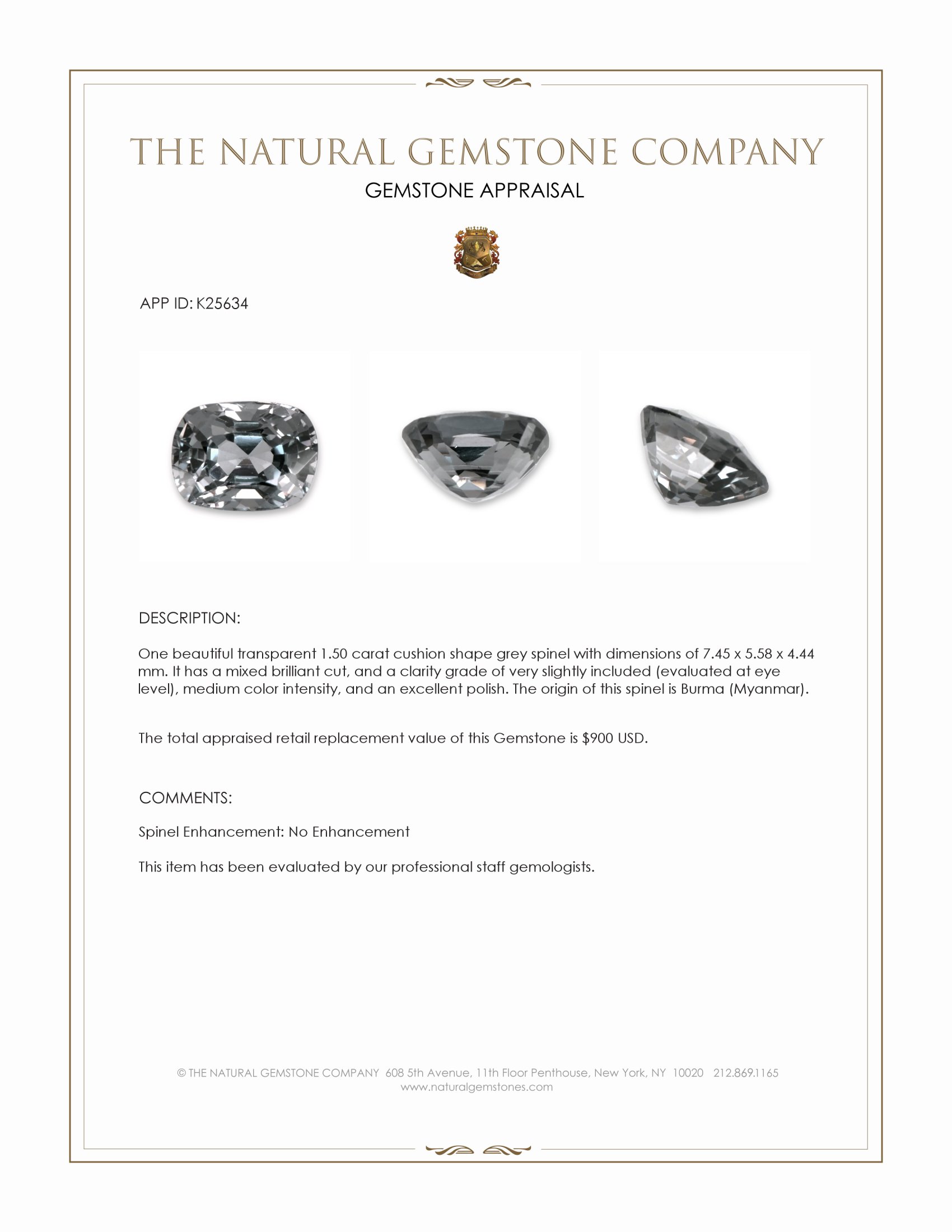 1.50 Ct. Grey Spinel from Burma (Myanmar)
