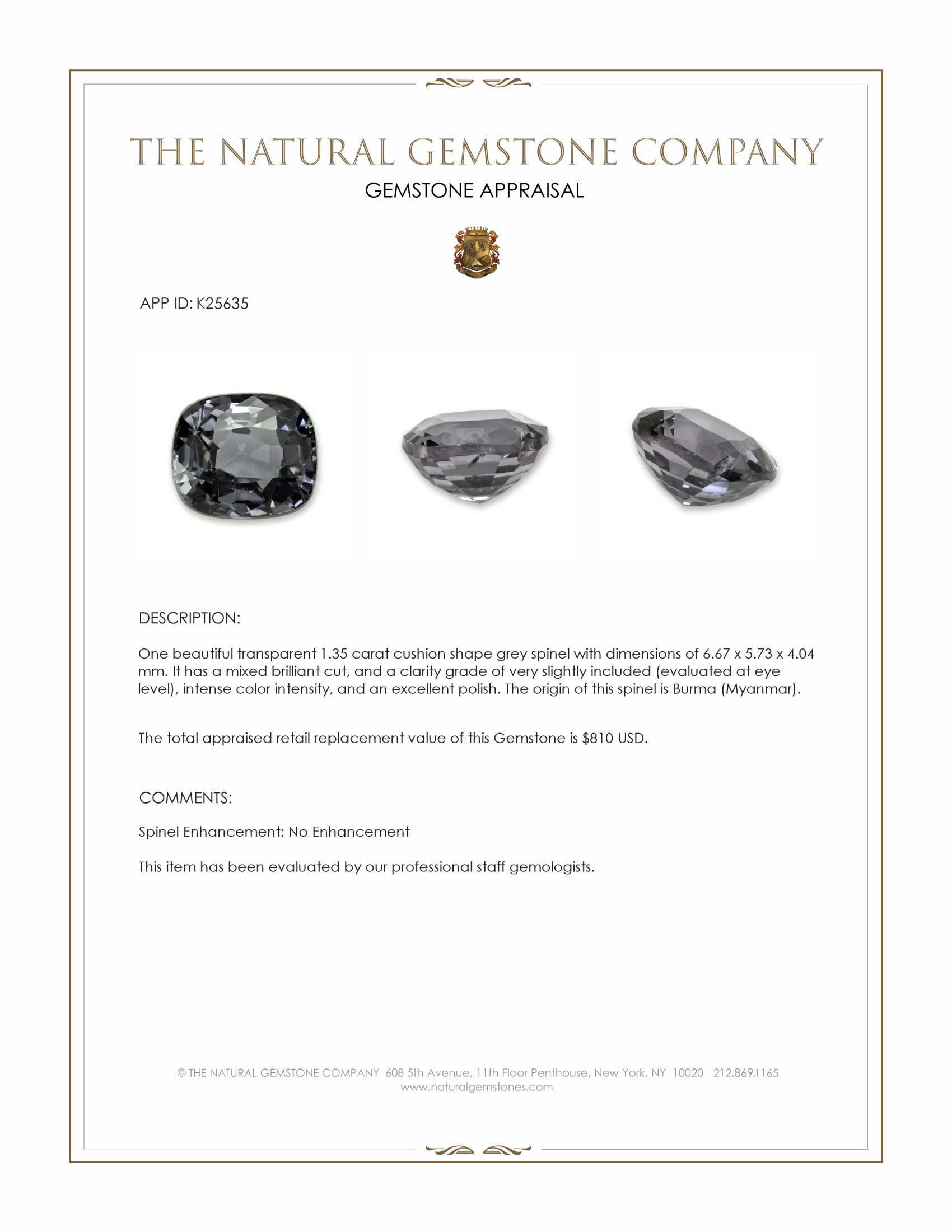 1.35 Ct. Grey Spinel from Burma (Myanmar)