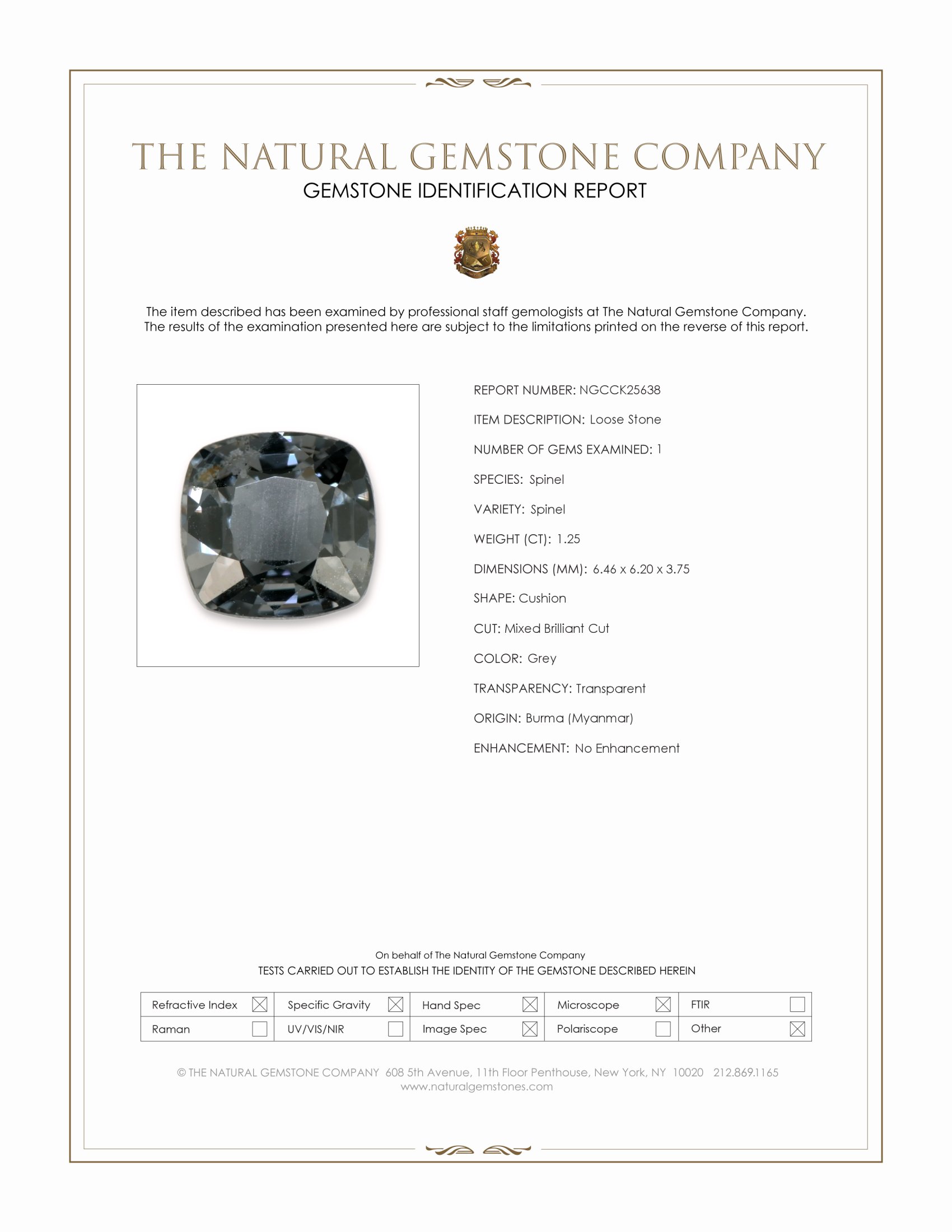 1.25 Ct. Grey Spinel from Burma (Myanmar)