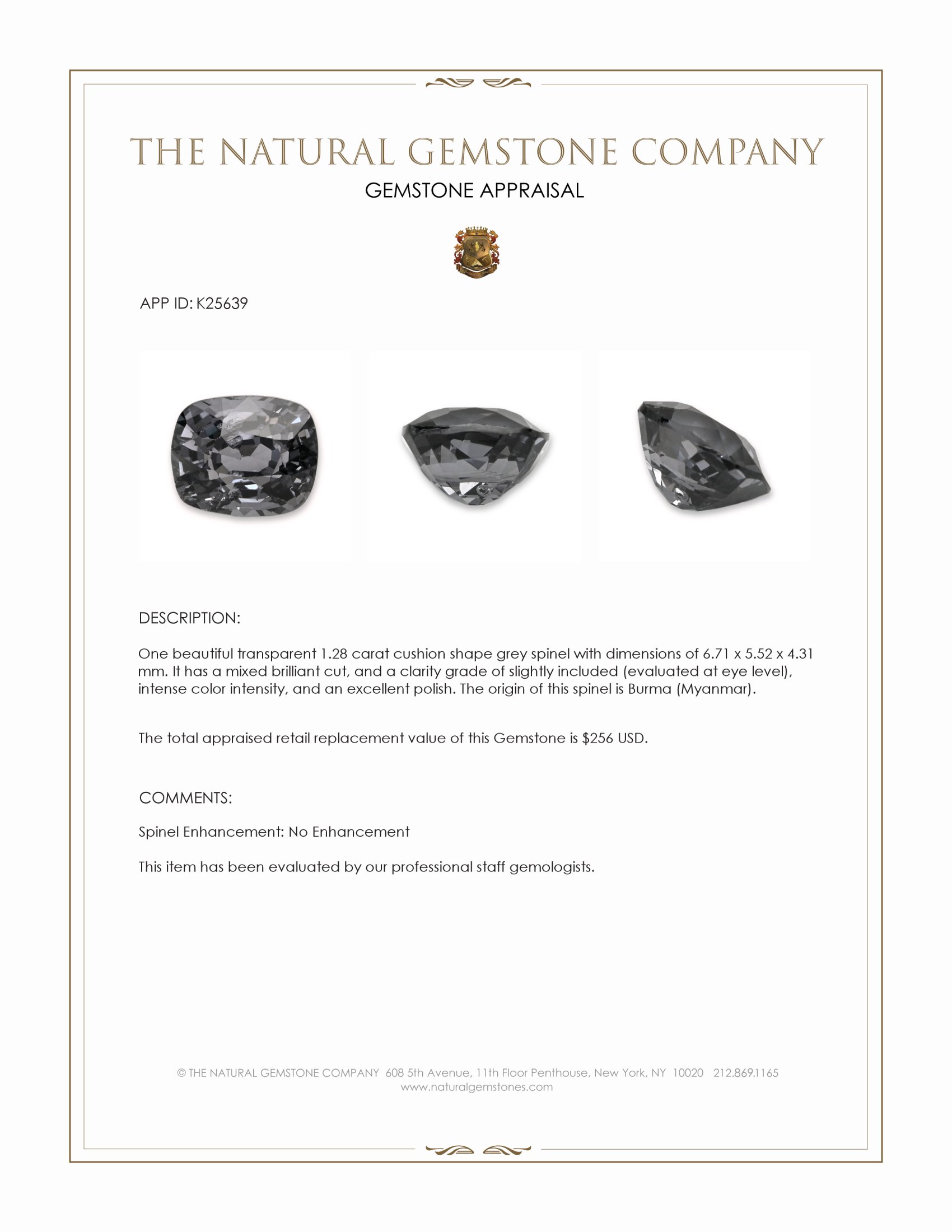1.28 Ct. Grey Spinel from Burma (Myanmar)