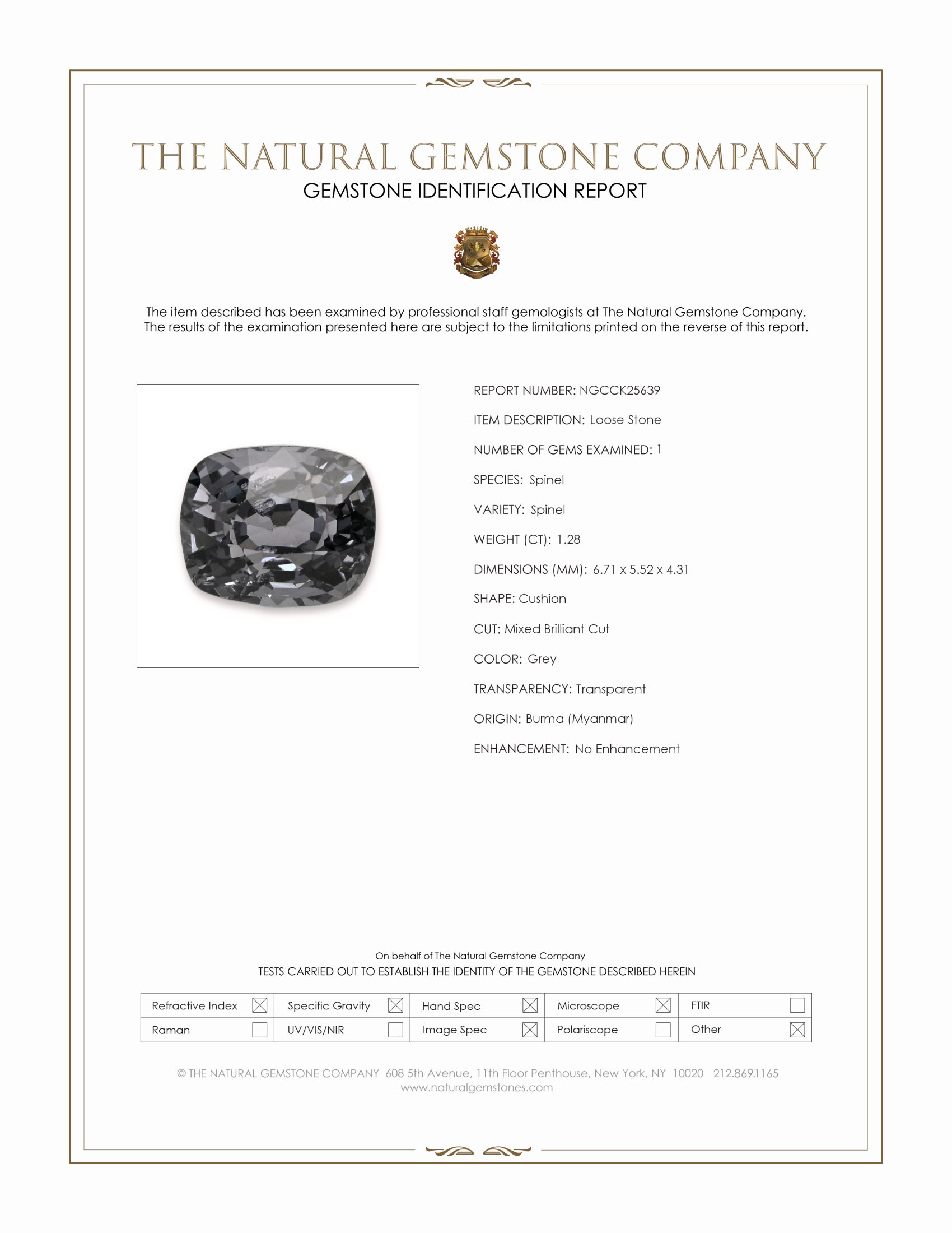 1.28 Ct. Grey Spinel from Burma (Myanmar)