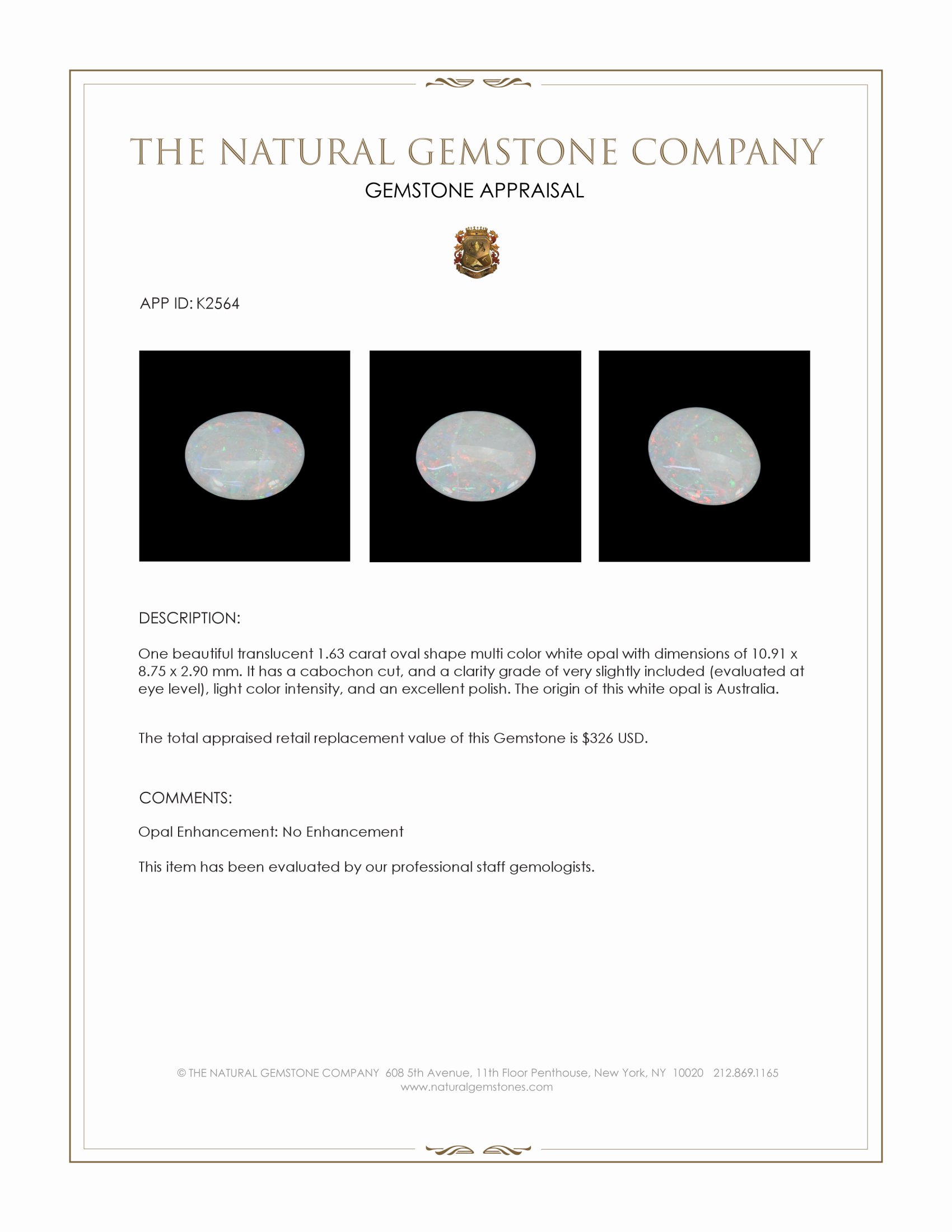 1.63 Ct. Cabochon White Opal from Australia