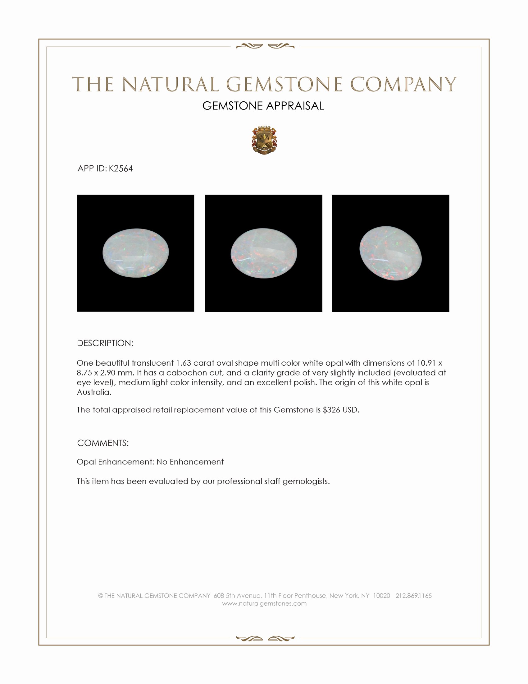 1.63 Ct. Cabochon White Opal from Australia