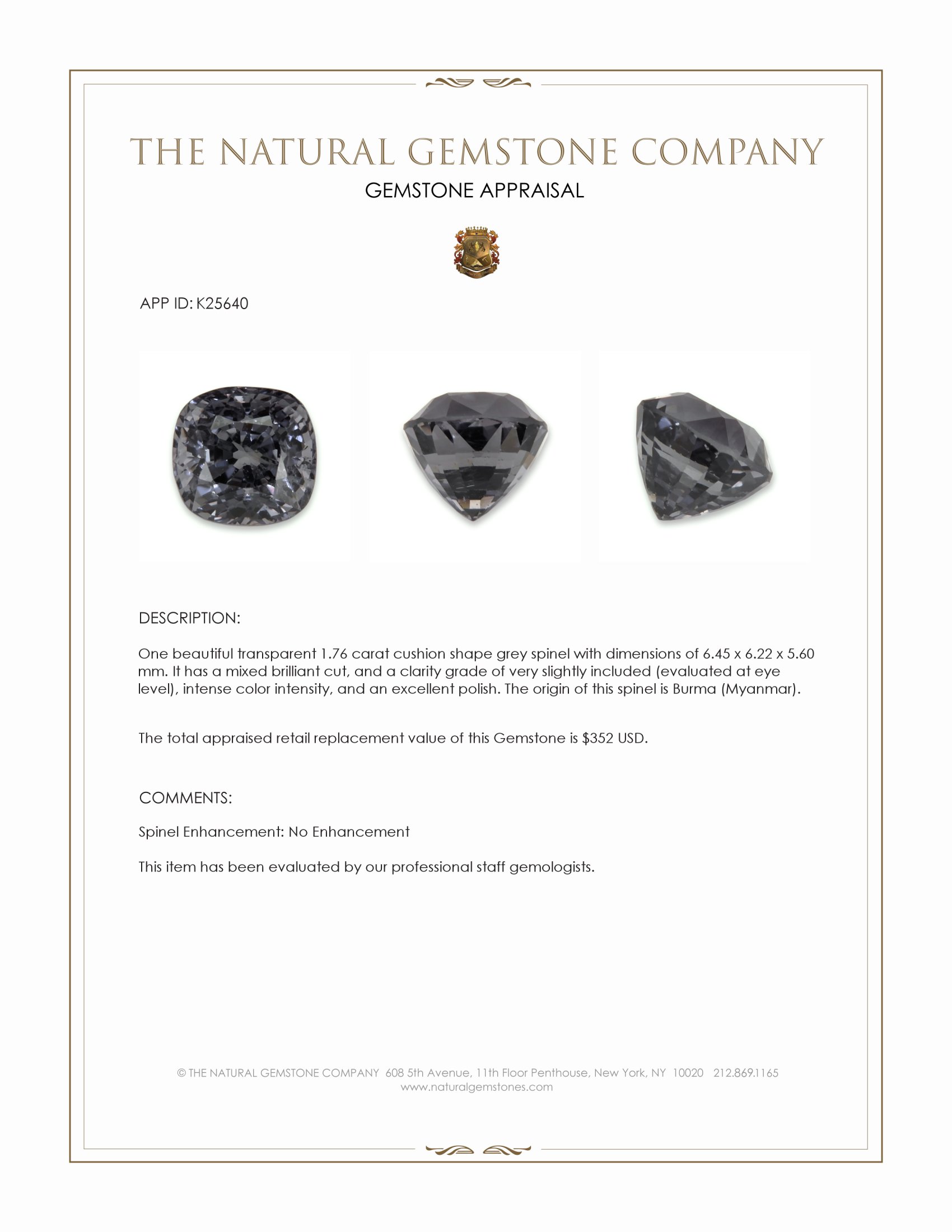 1.76 Ct. Grey Spinel from Burma (Myanmar)