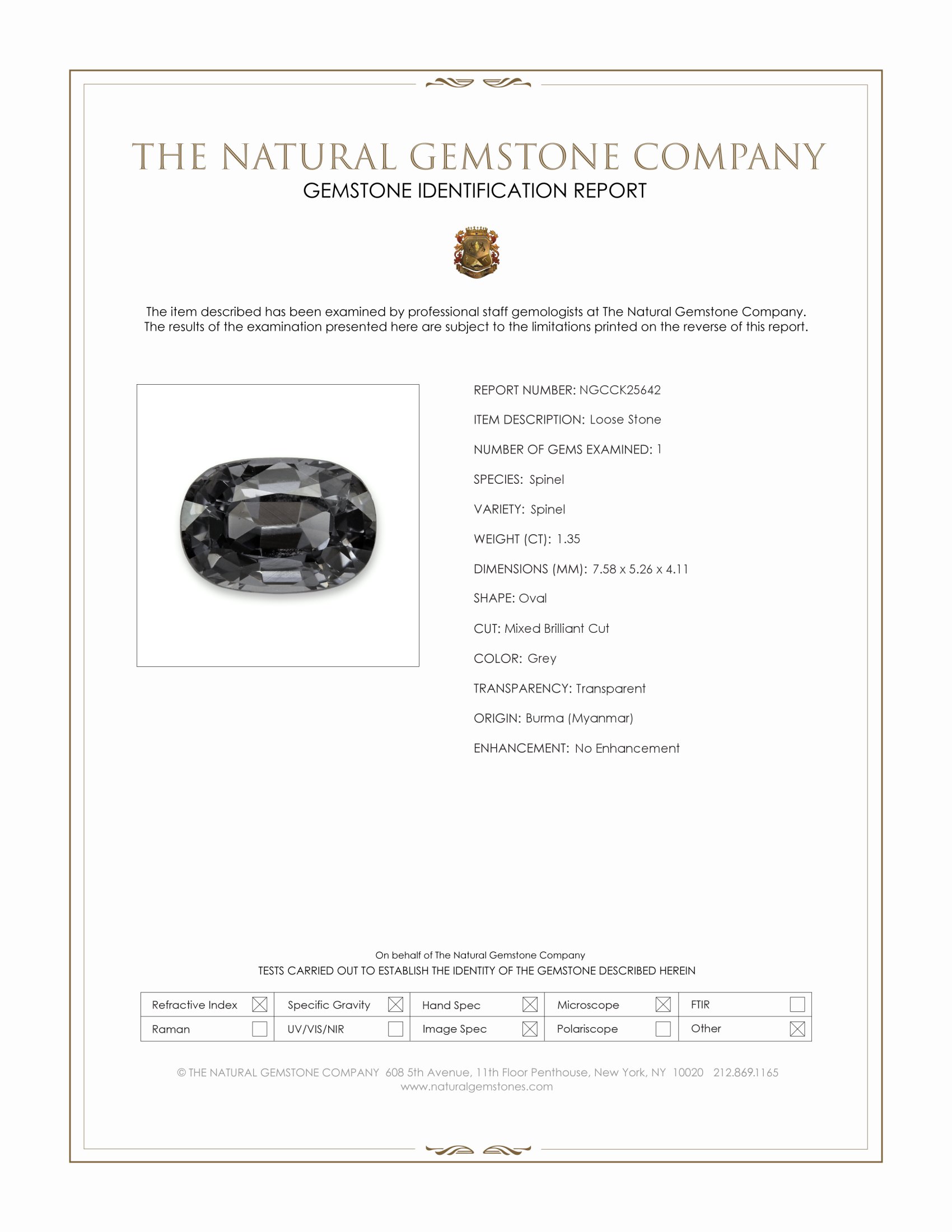 1.35 Ct. Grey Spinel from Burma (Myanmar)