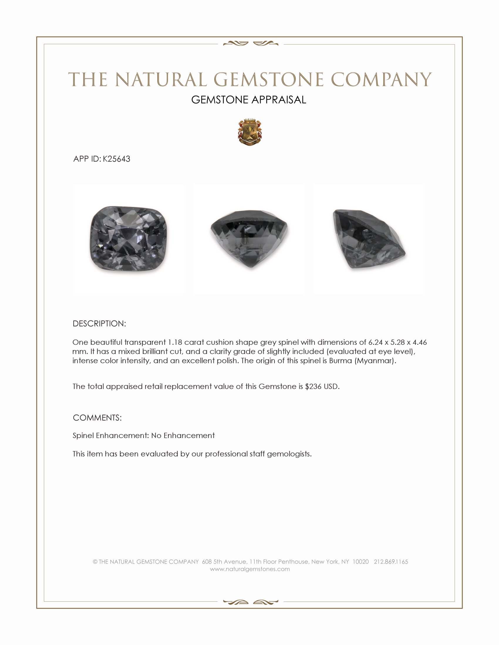 1.18 Ct. Grey Spinel from Burma (Myanmar)