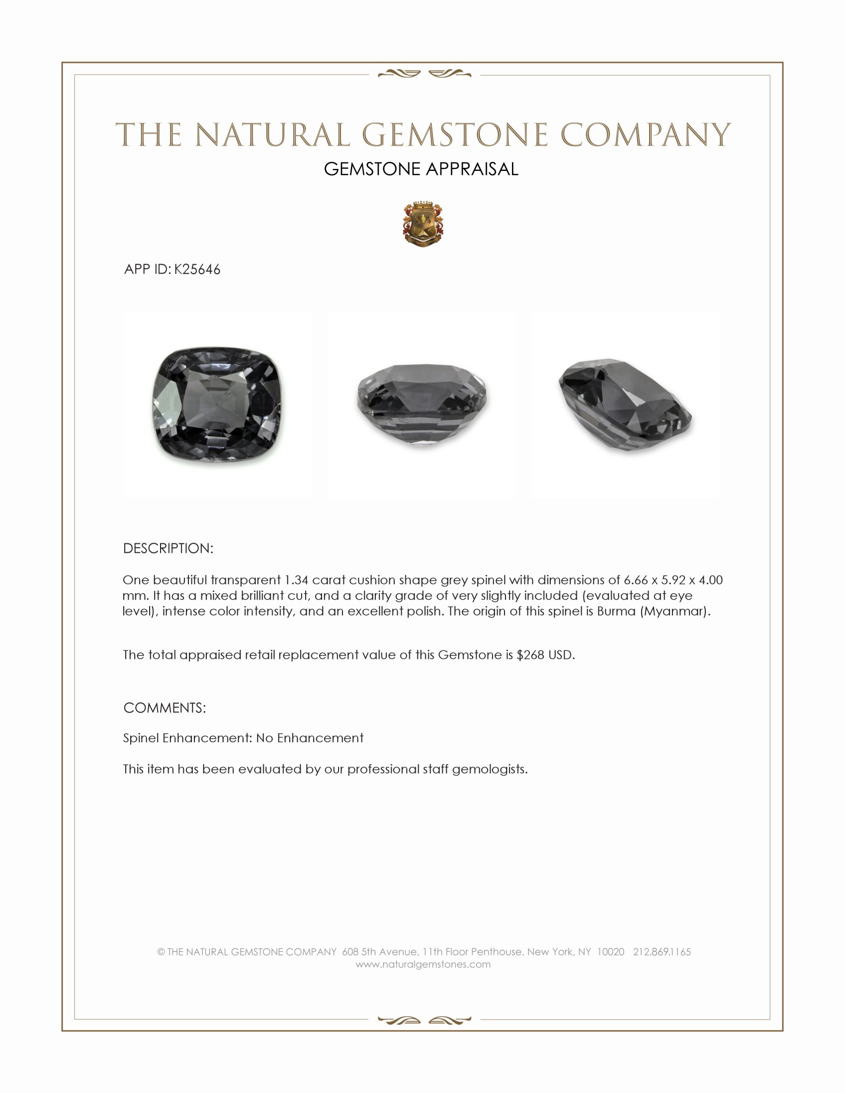 1.34 Ct. Grey Spinel from Burma (Myanmar)