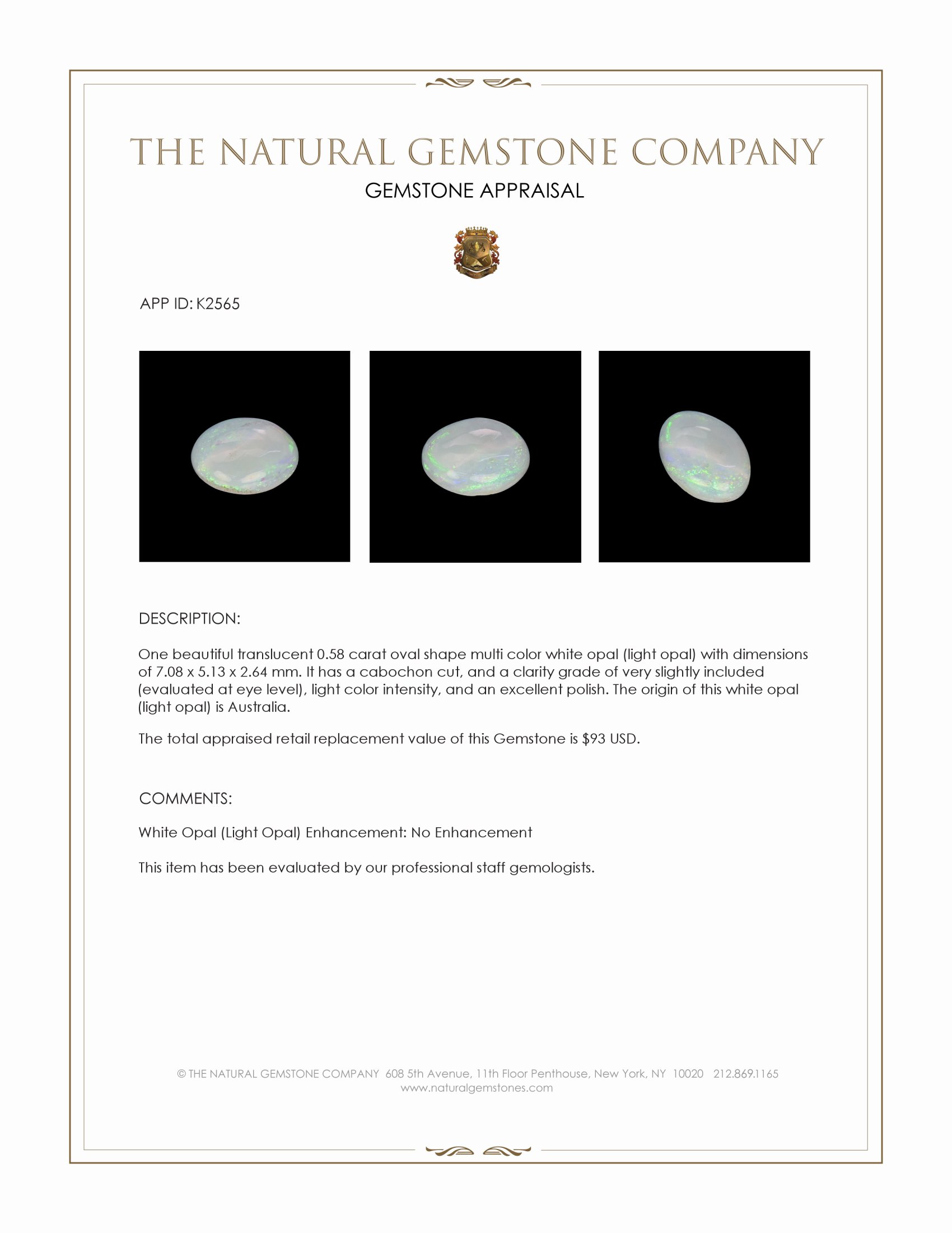 0.58 Ct. Multi Color Cabochon White Opal (Light Opal) from Australia