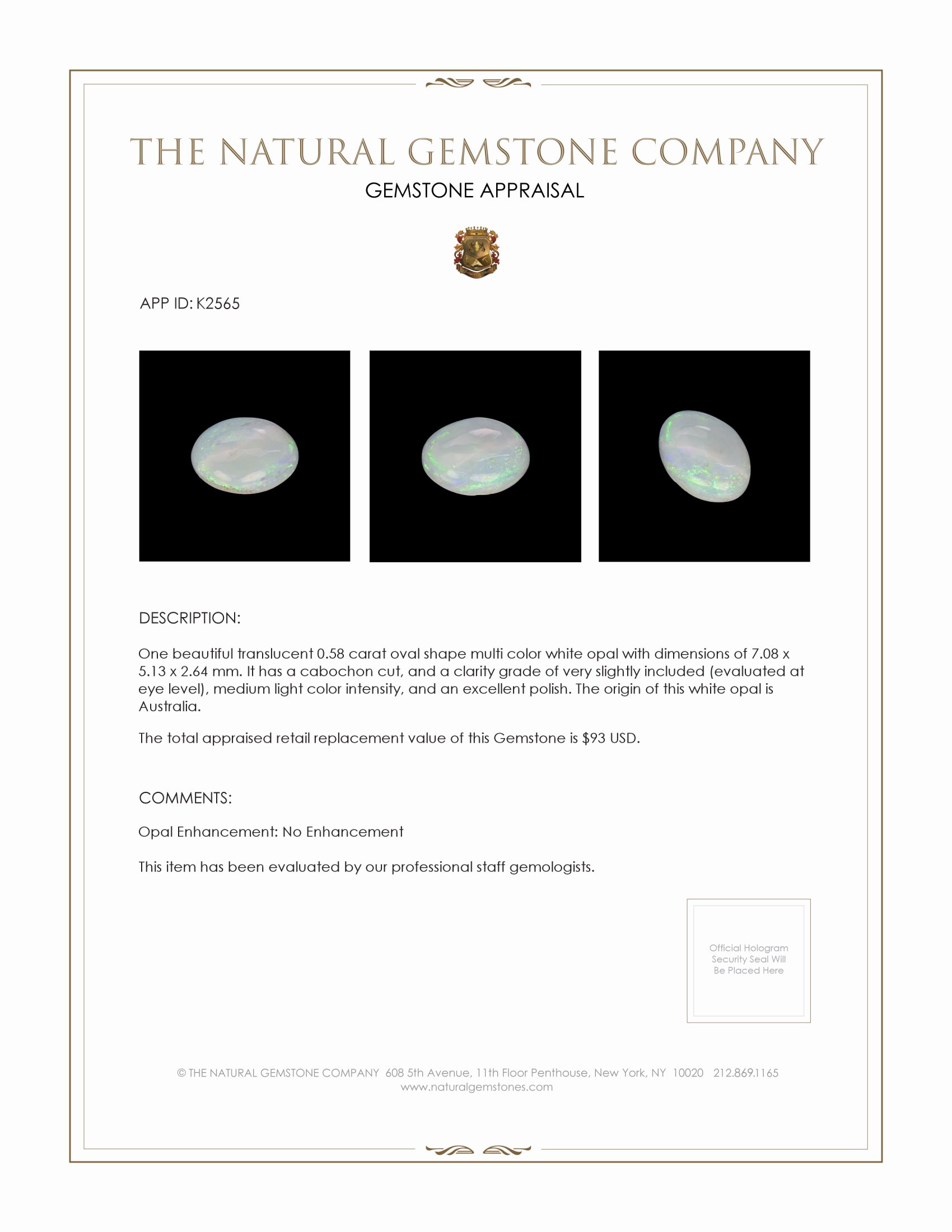 0.58 Ct. Cabochon White Opal from Australia