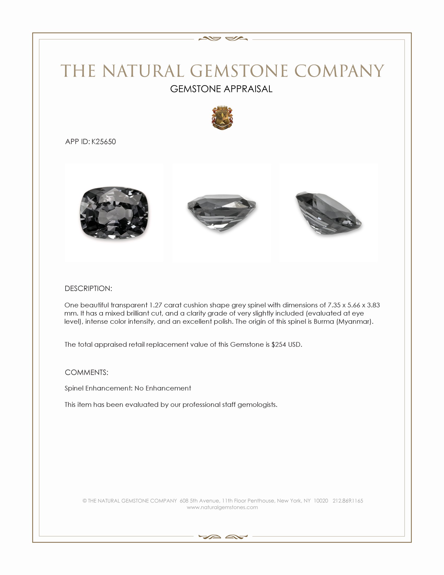 1.27 Ct. Grey Spinel from Burma (Myanmar)
