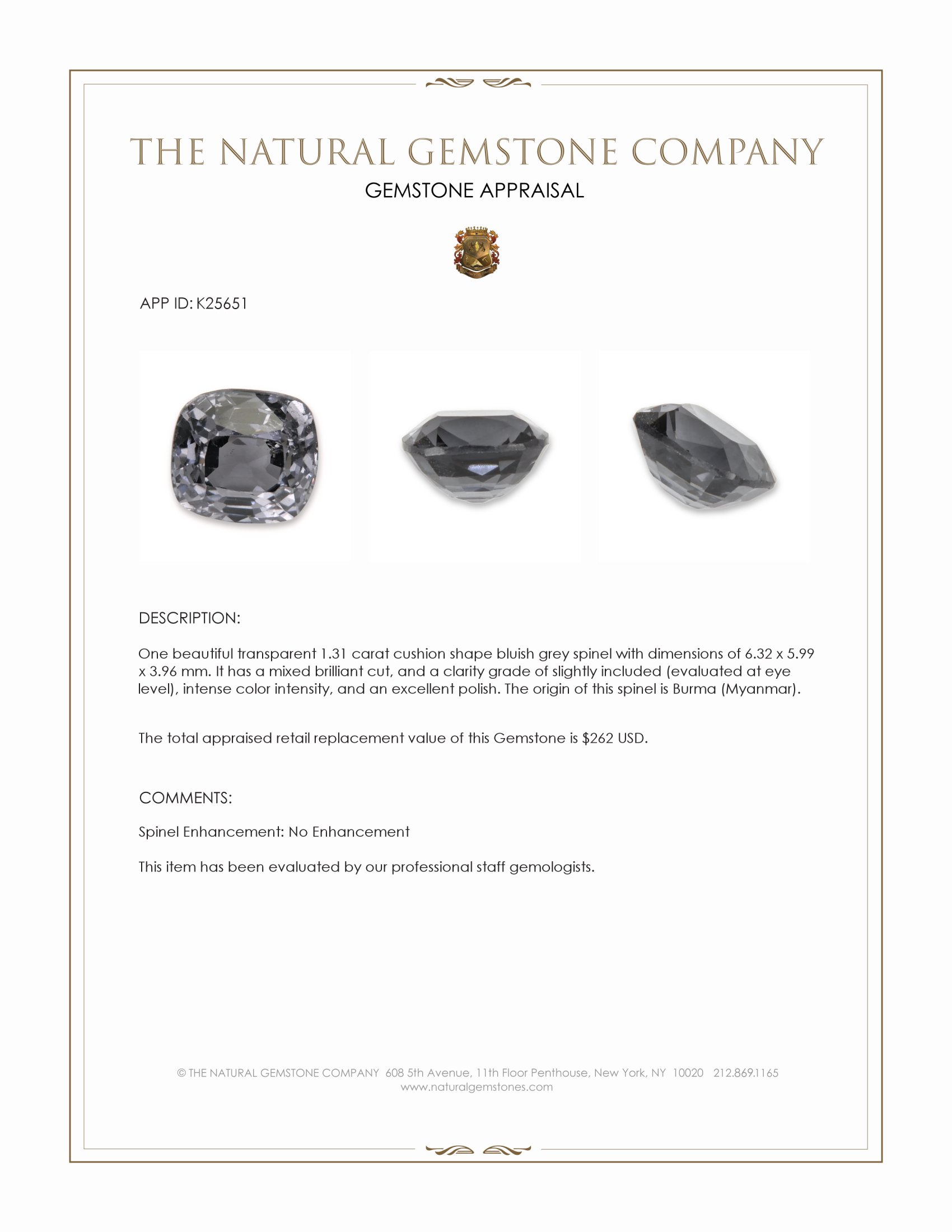 1.31 Ct. Bluish Grey Spinel from Burma (Myanmar)