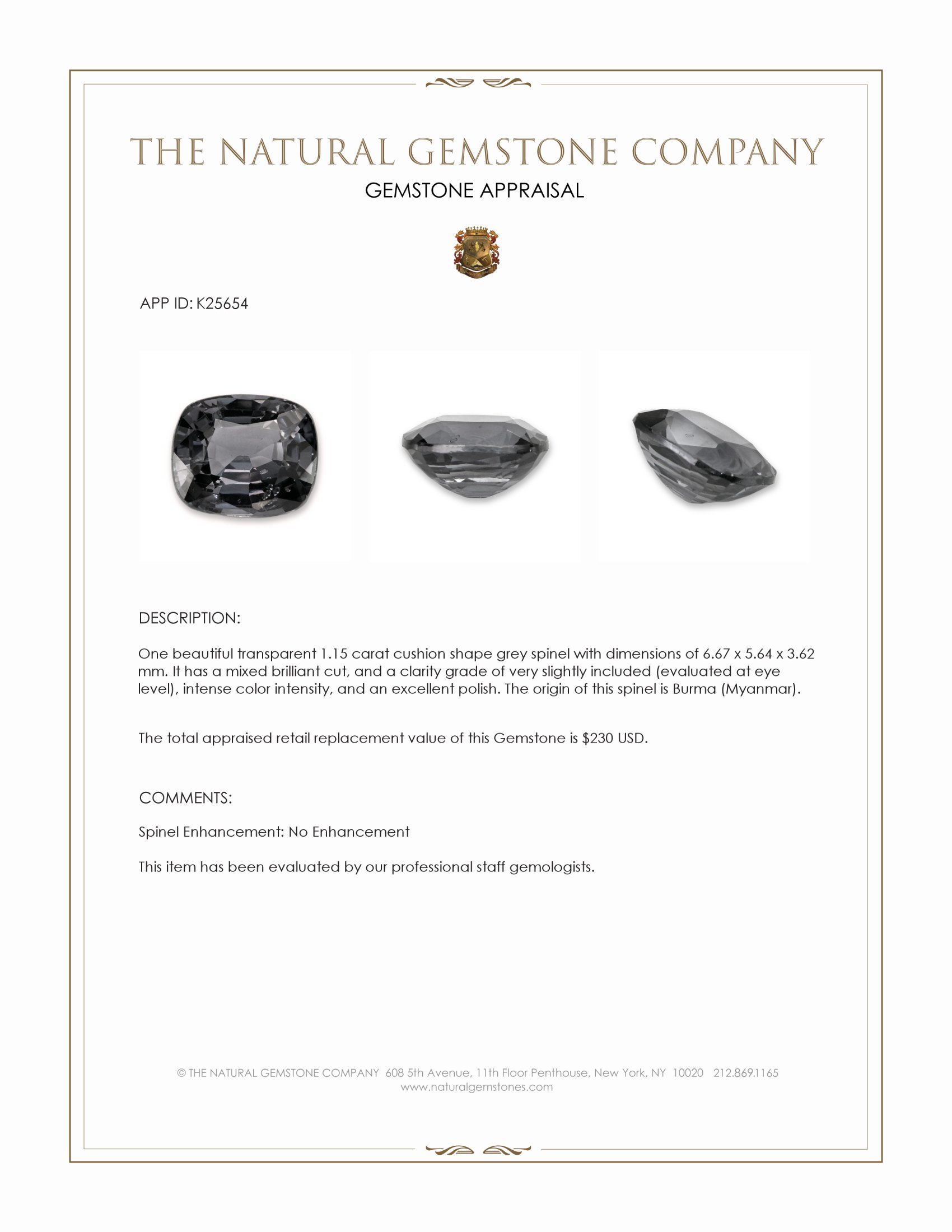 1.15 Ct. Grey Spinel from Burma (Myanmar)