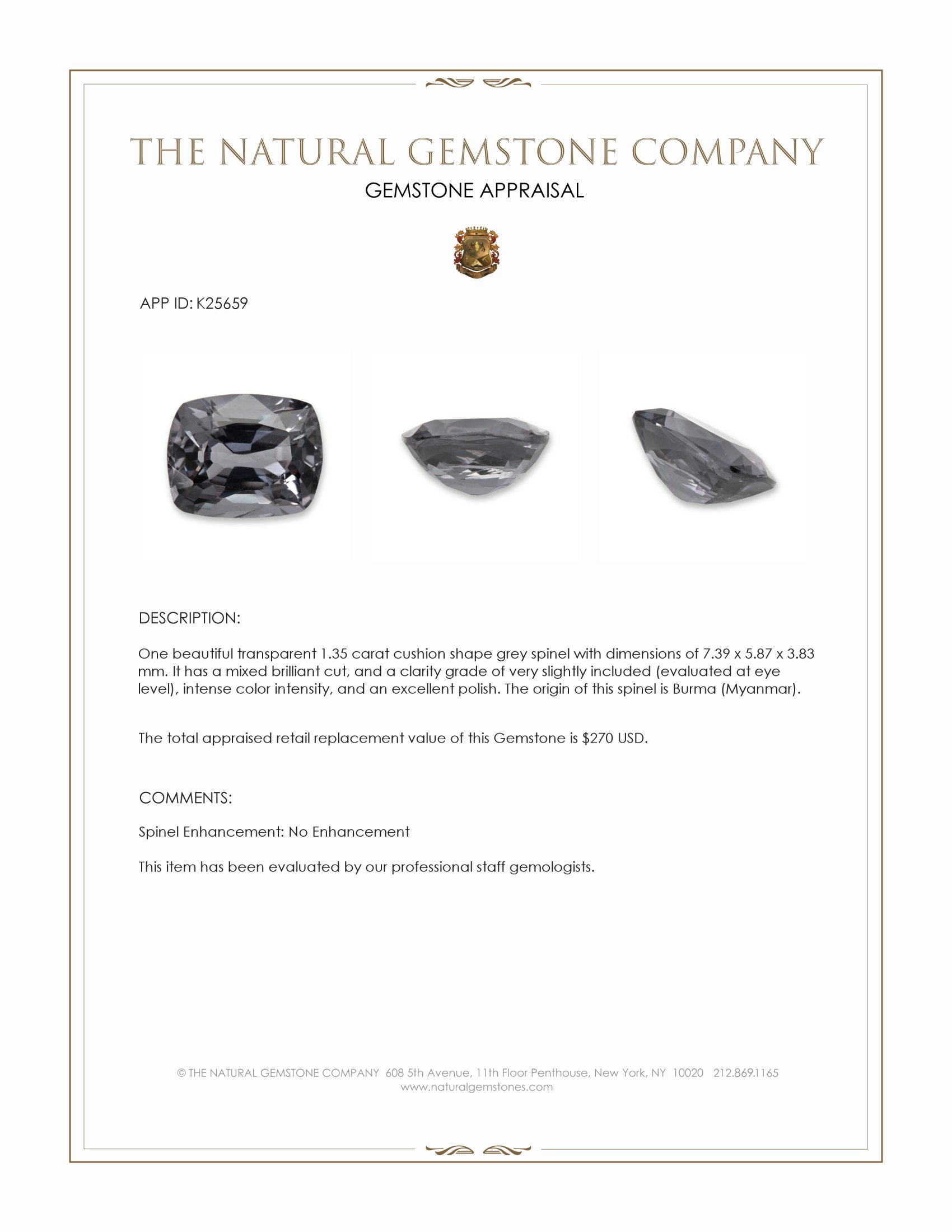1.35 Ct. Grey Spinel from Burma (Myanmar)