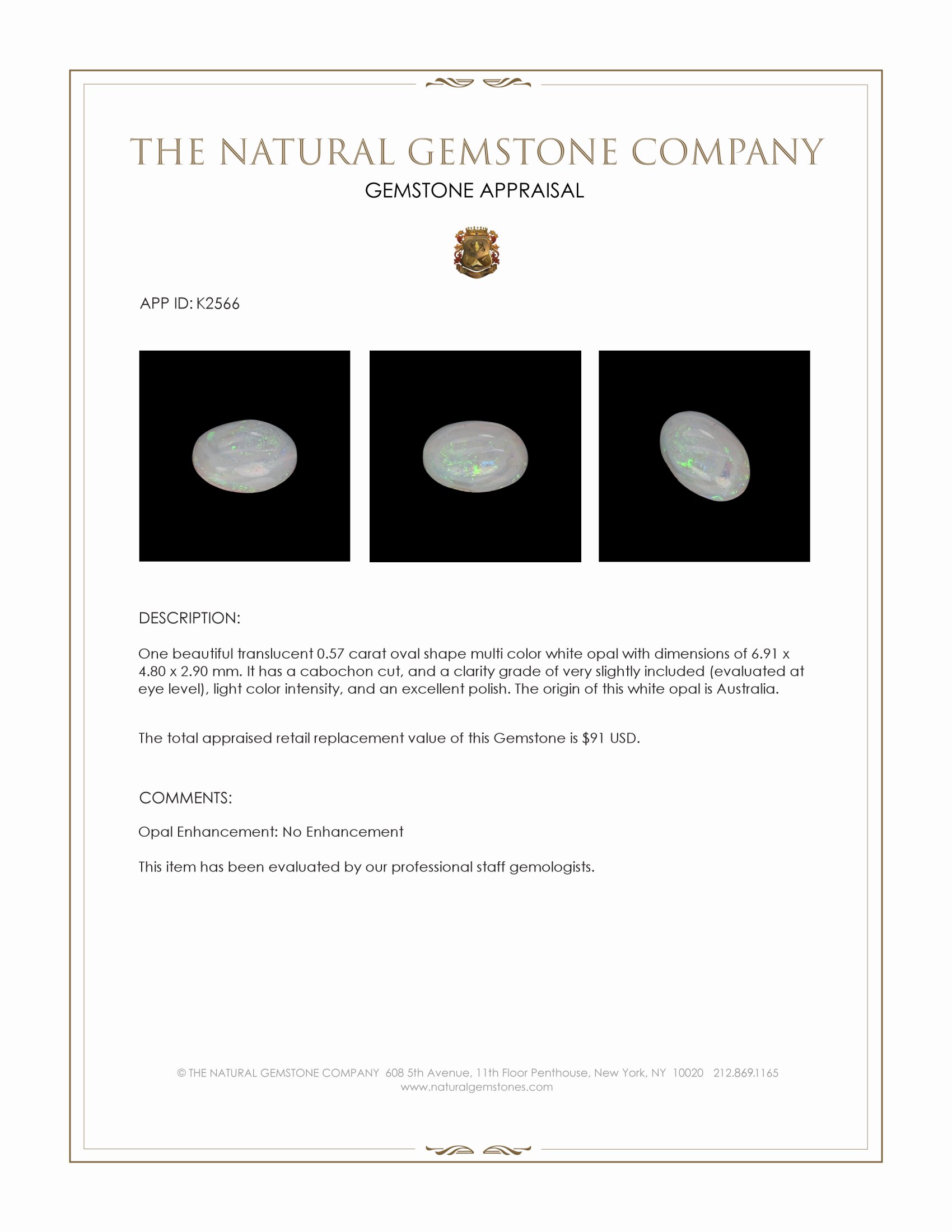 0.57 Ct. Cabochon White Opal from Australia