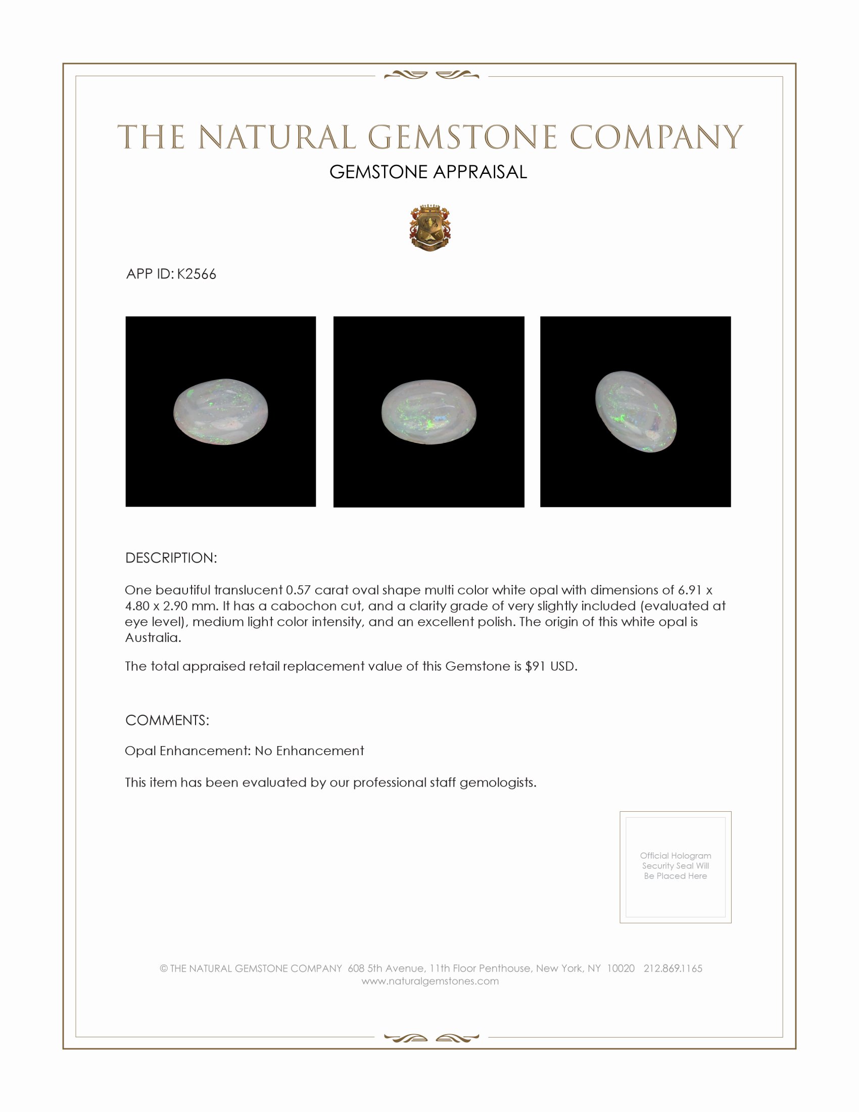 0.57 Ct. Cabochon White Opal from Australia