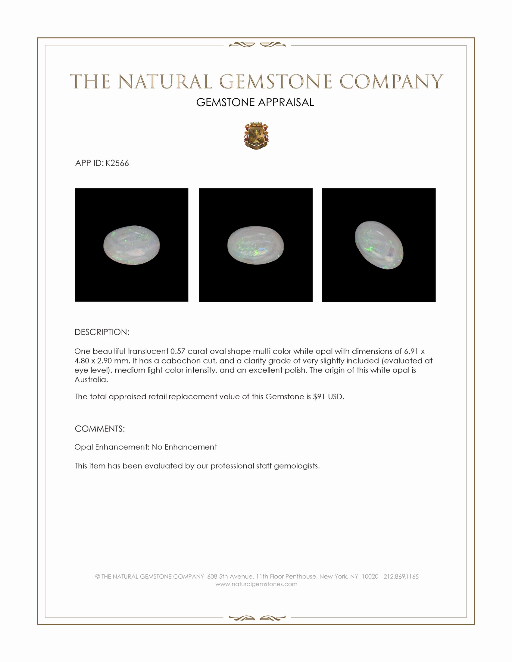 0.57 Ct. Cabochon White Opal from Australia